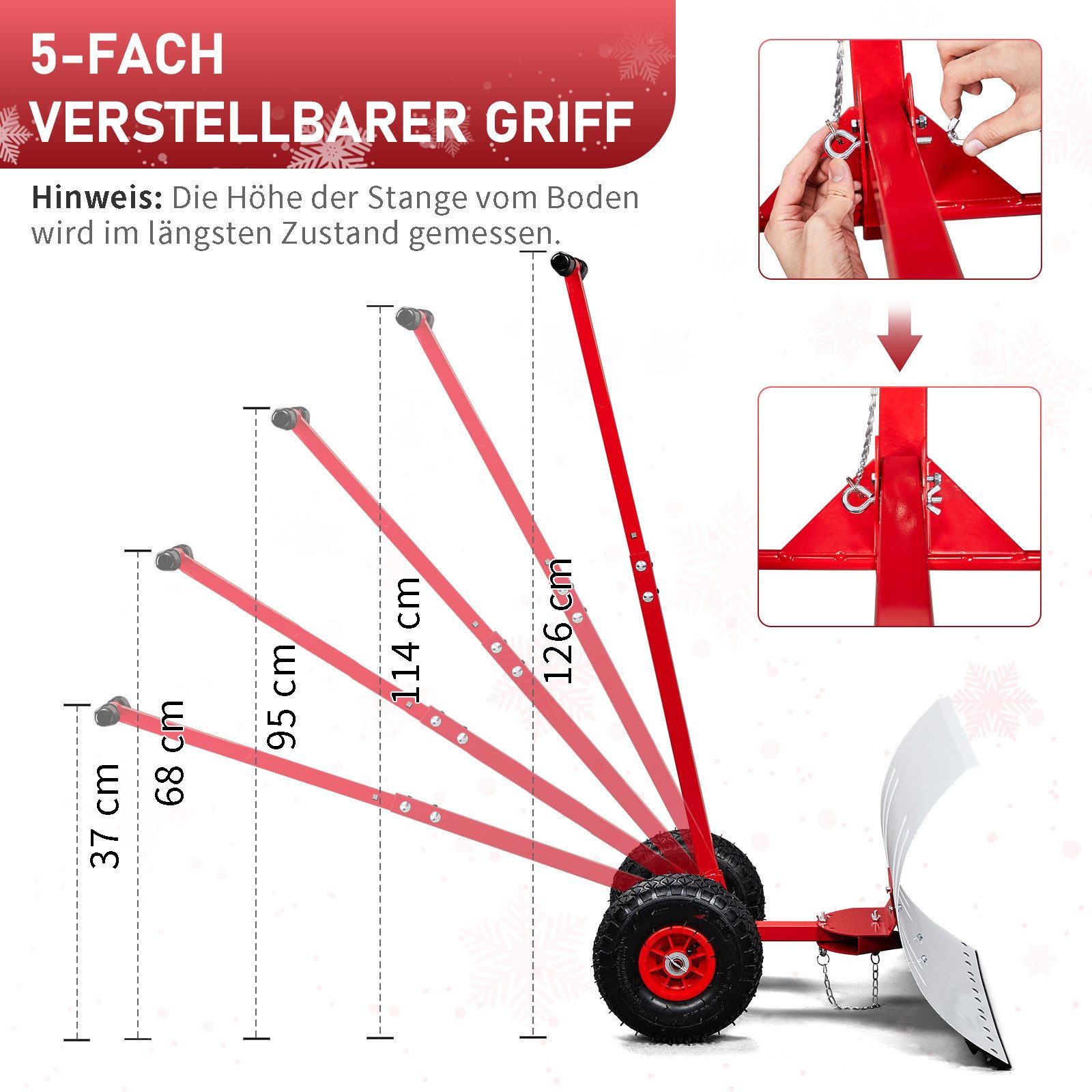 LALAHO Schneeschieber Schneeschaufel mit Rädern & Stiel – Stahlschaufel, 74,00 cm Arbeitsbreite, mit 116,00 cm langem Stiel, verstellbare Schubstange, ergonomis – Bild 4 von 5