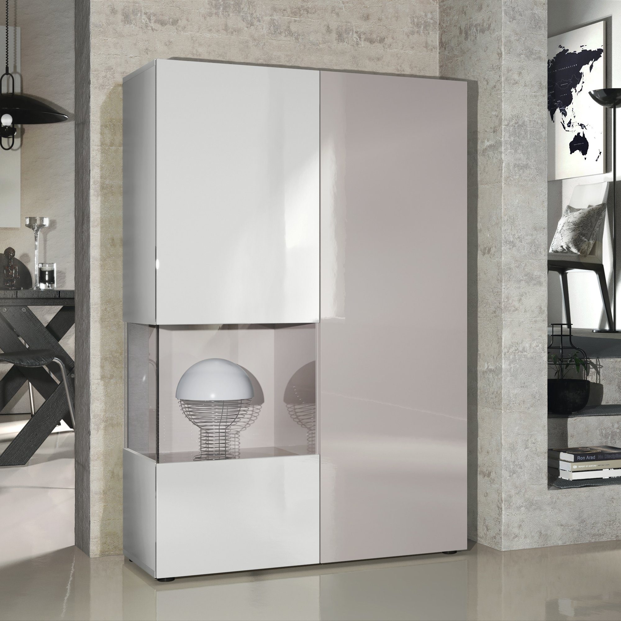 Vladon Standvitrine Morena (Standvitrine, mit 2 Türen dahinter ingesamt 7 Fächer) Weiß matt/Weiß Hochglanz/Sandgrau Hochglanz (92 x 135 x 37 cm)