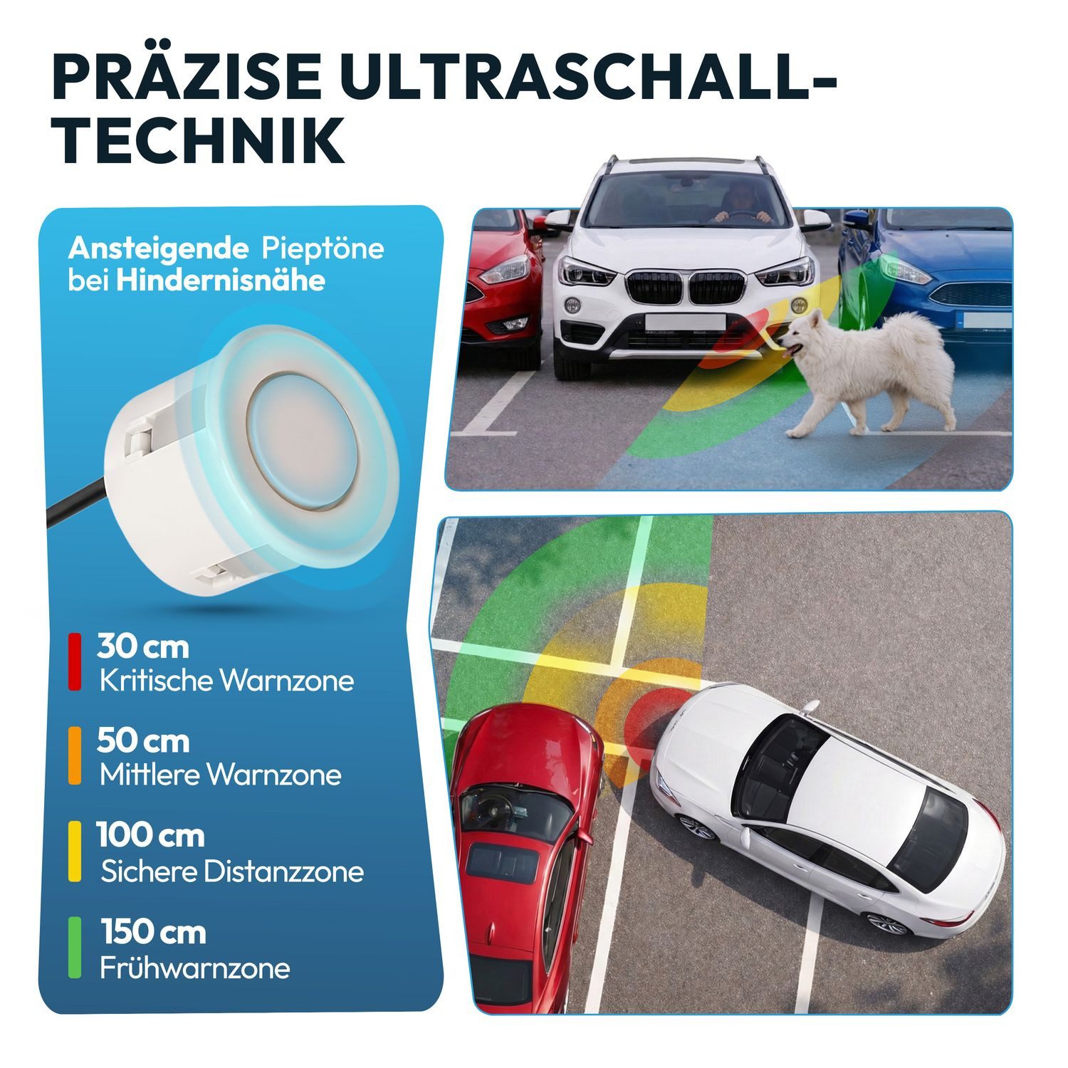 VSG24 Premium Einparkhilfe ECHO PLUS VORNE Display Parkhilfe zum nachrüsten Rückfahrkamera (Rückfahrwarner mit Display & 4 Sensoren Stecksystem Nachrüstsatz PDC)