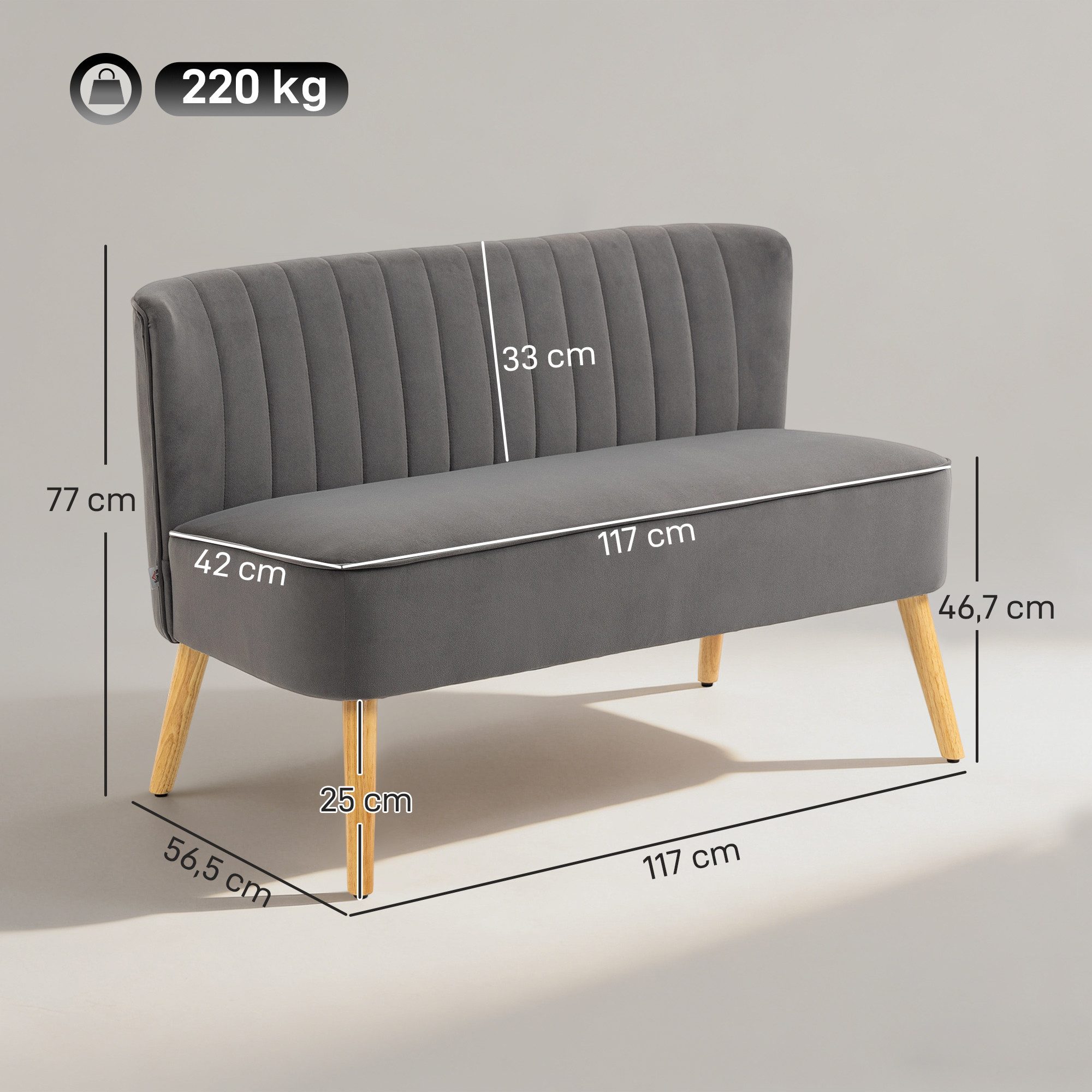 HOMCOM Loveseat Sofa 2 Sitzer mit Samt-Optik (Couch, 1-St., Modern Polstersofa), Dunkelgrau 117 x 56,5 x 77 cm