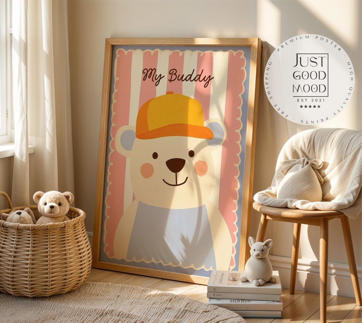 JUSTGOODMOOD Poster Kinderzimmer Bär My Buddy Schriftzug Süßes Tierposter mit Mütze Rosa P, (1 St)