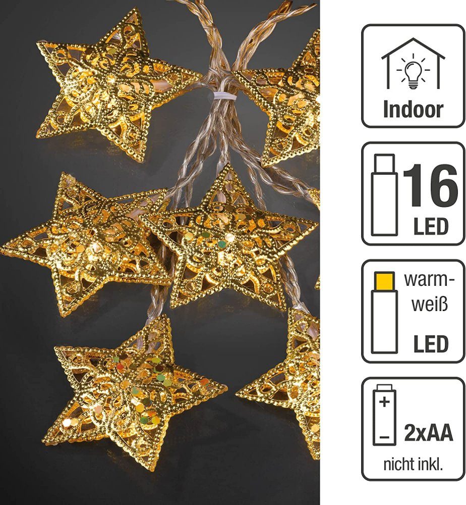 LED-Lichterkette 16 goldene LED-Lichterkette BS warmweiß/ Hellum innen transparent, Sterne