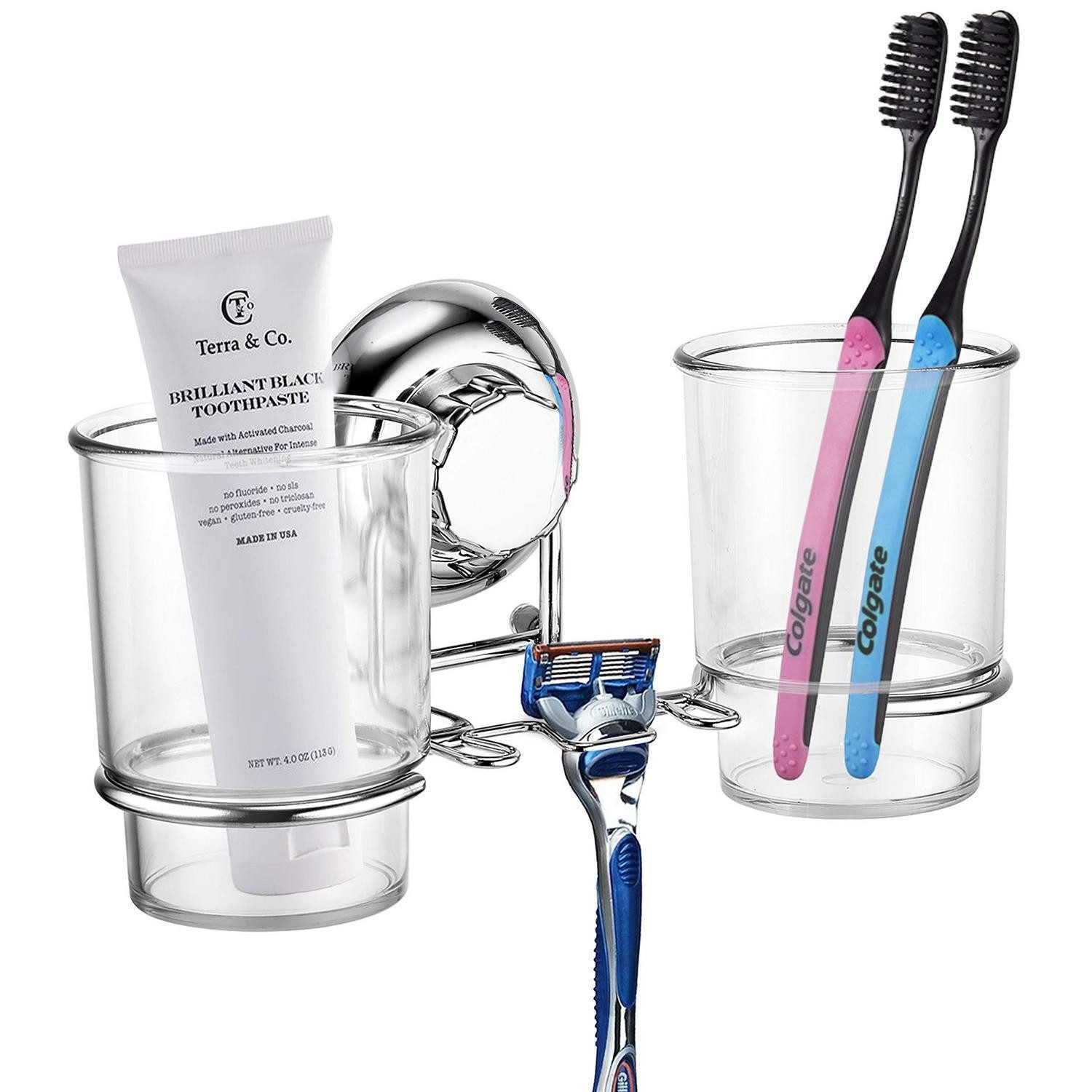 LuxusKollektion Zahnbürstenhalter Becherhalter mit 2 Zahnbürstenhalter Saugnapf Edelstahl