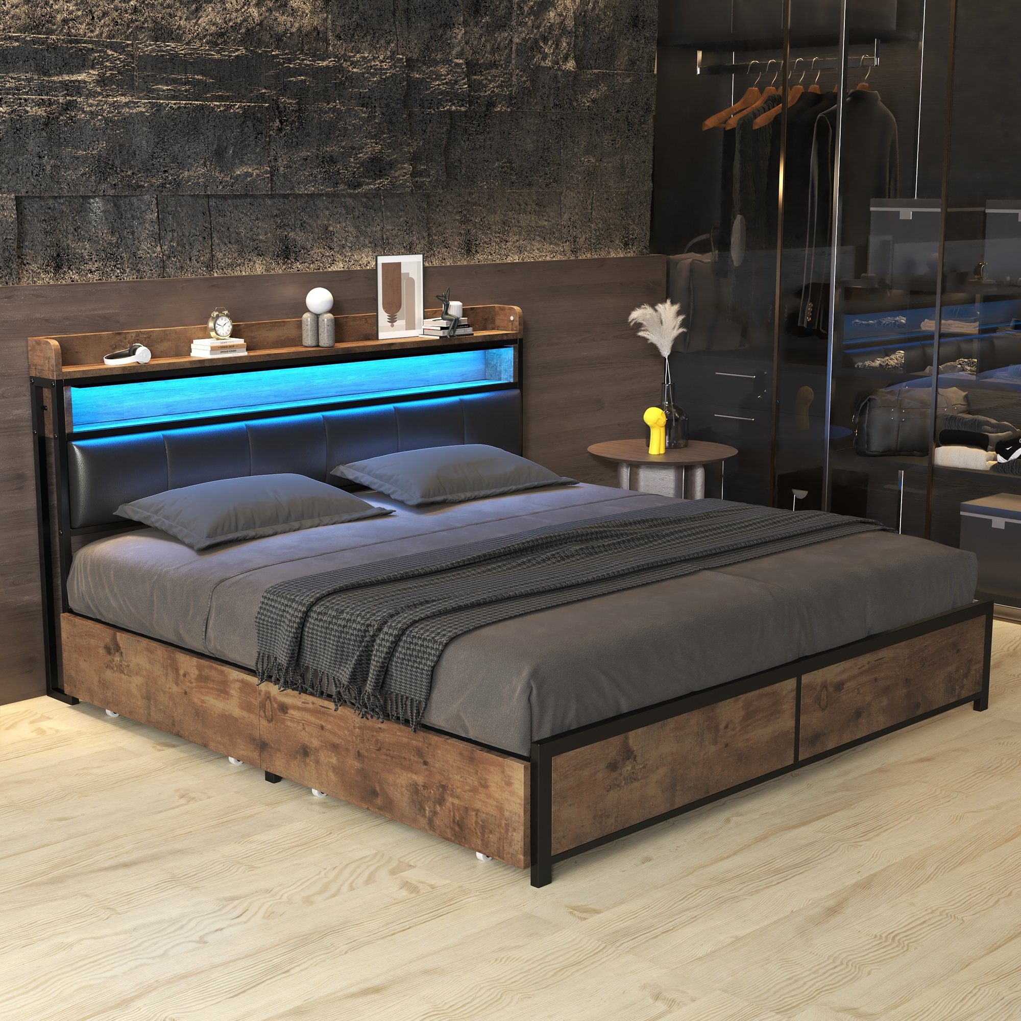 Flieks Holzbett, LED Beleuchtung Doppelbett 4 günstig online kaufen