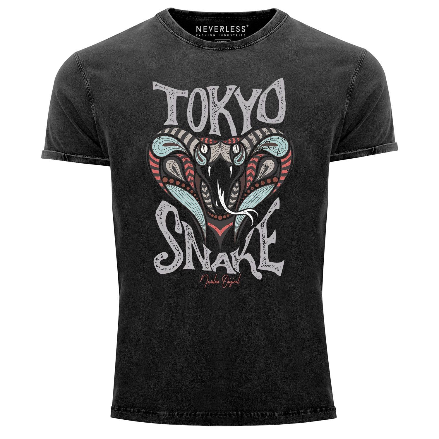 Neverless Print-Shirt Neverless® Herren T-Shirt Vintage Shirt Printshirt Japan Kobra Aufdruck Tokyo Snake Schriftzug Vintage Print Aufdruck Used Look Slim Fit mit Print