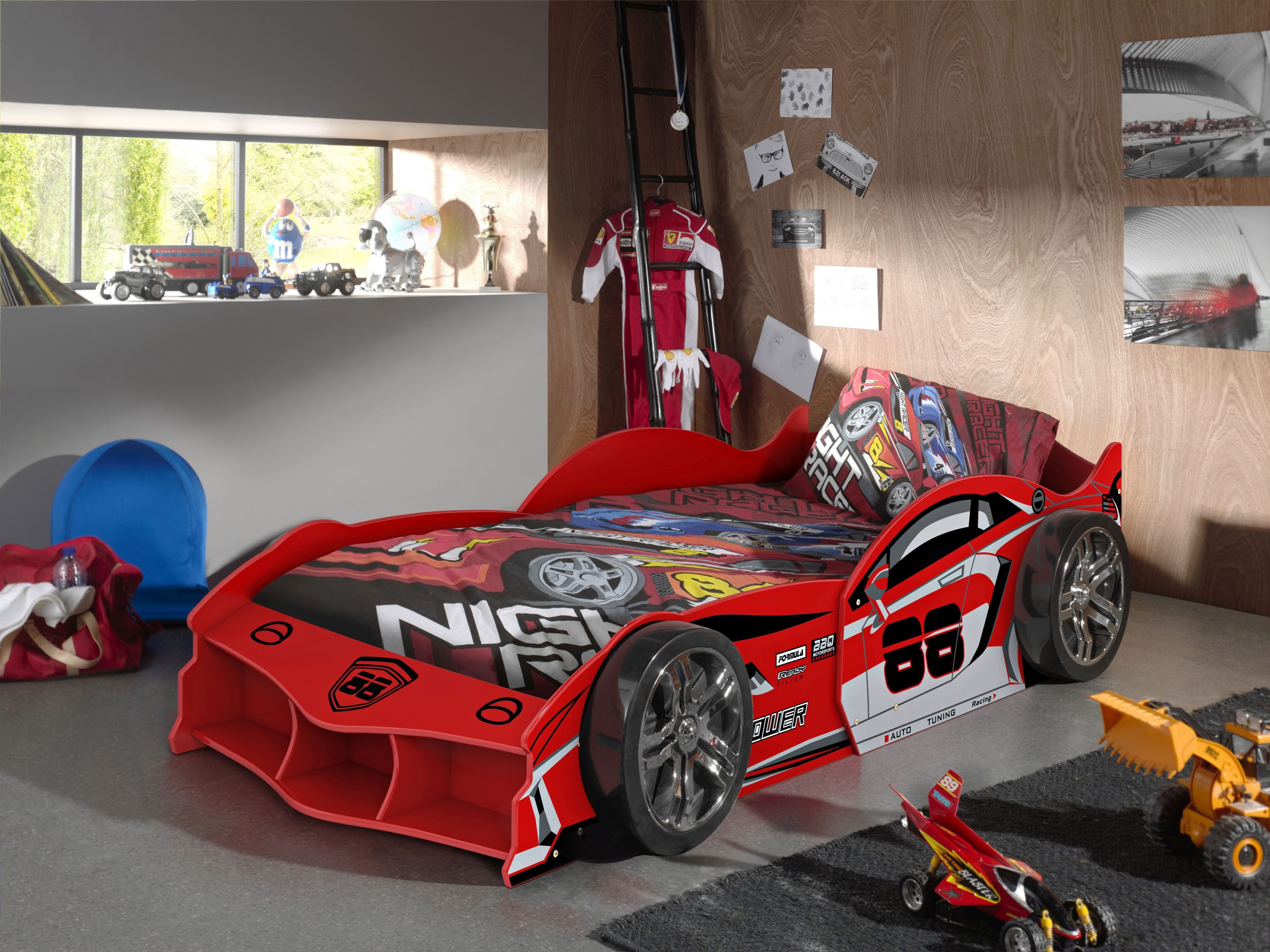 Vipack Autobett Max 90/200 cm, im Rennwagen-Design, die Show im Kinderzimmer (B/H/T ca.: 229x58x114 cm mit Lattenrost und breiten Rädern), tolle Felgen-Optik, glänzend lackiert in 2 Farben erhältlich