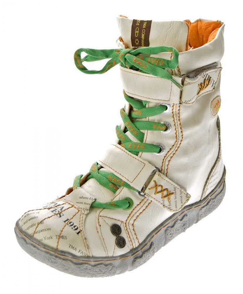 TMA Winter Сапогиette TMA 7087-N Leder Обувь Сапоги Сапогиette Gefüttert, Antik bzw. Used Look, Zeitungsdruck, Klettverschlüsse