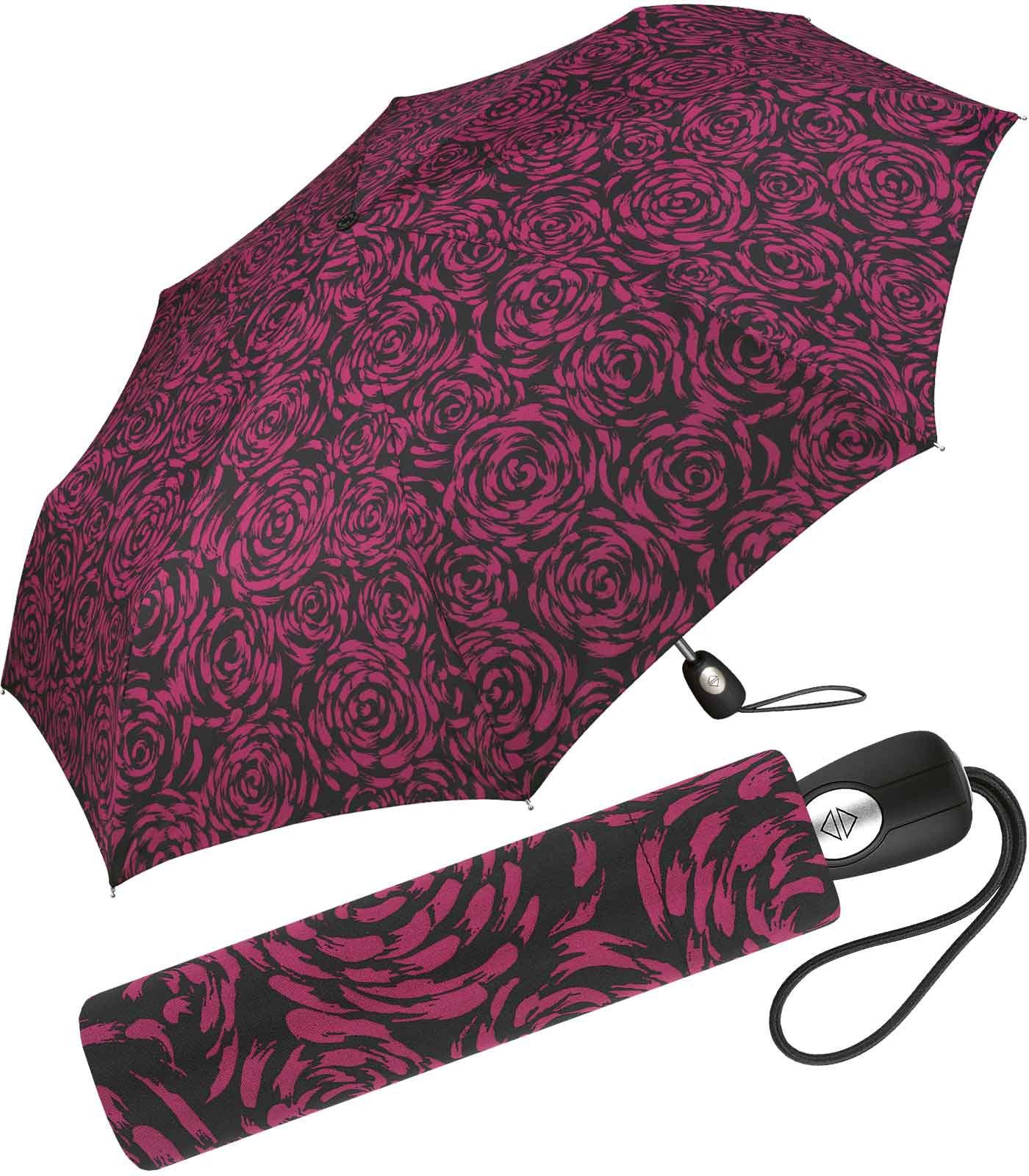 Pierre Cardin Taschenregenschirm schöner Damen-Regenschirm mit Auf-Zu-Automatik, mit wunderschöner Rosenblütenmalerei bordeaux