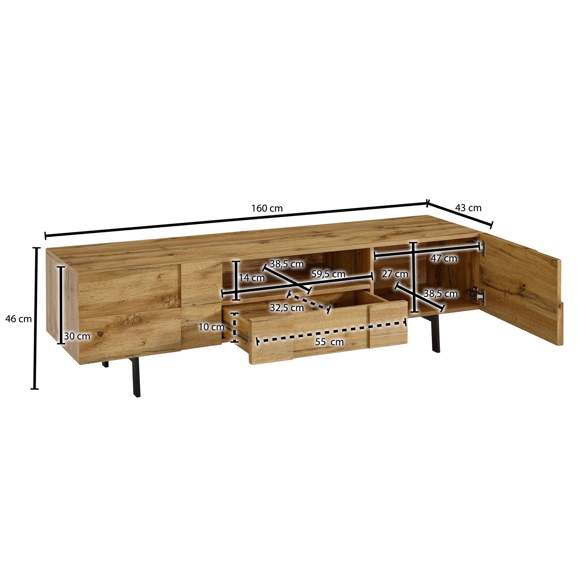 FINEBUY Lowboard FB77754 TV-Board Kommode 160cm MDF Eiche Dekor Design mit 2 Türen (Holz Eiche-Dekor 160x46x43 cm mit zwei Türen), TV-Kommode Hoch, TV-Schrank Modern, Fernsehtisch