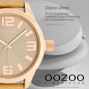 OOZOO Quarzuhr Oozoo Damen Armbanduhr sand, (Analoguhr), Damenuhr rund, extra groß (ca. 46mm) Lederarmband, Fashion-Style