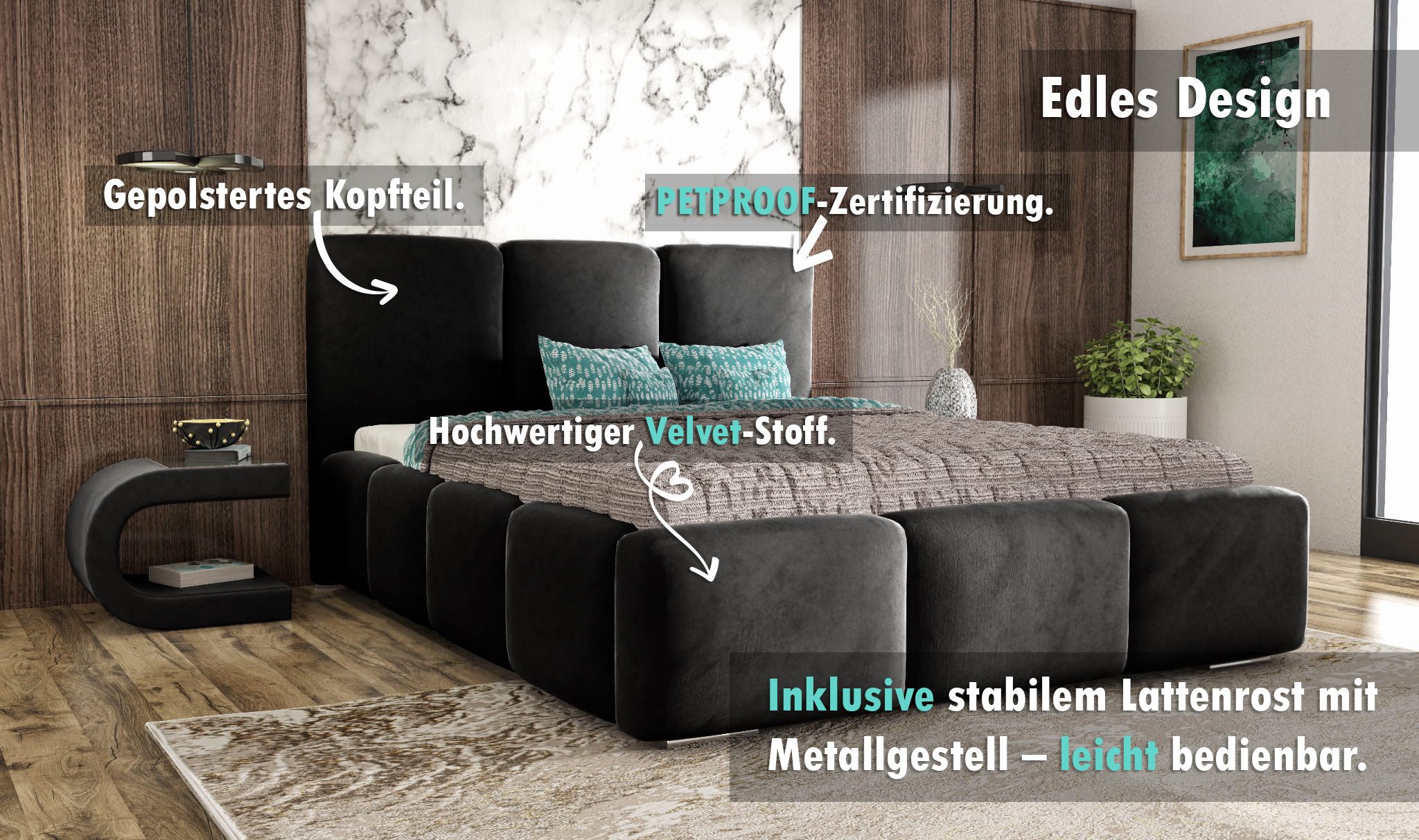 thematys Polsterbett mit Bettkasten & Lattenrost – Stauraumbett 140x200 - 200x200cm (Samt / Velvet Bett mit optionaler 7-Zonen Taschenfederkernmatratze)