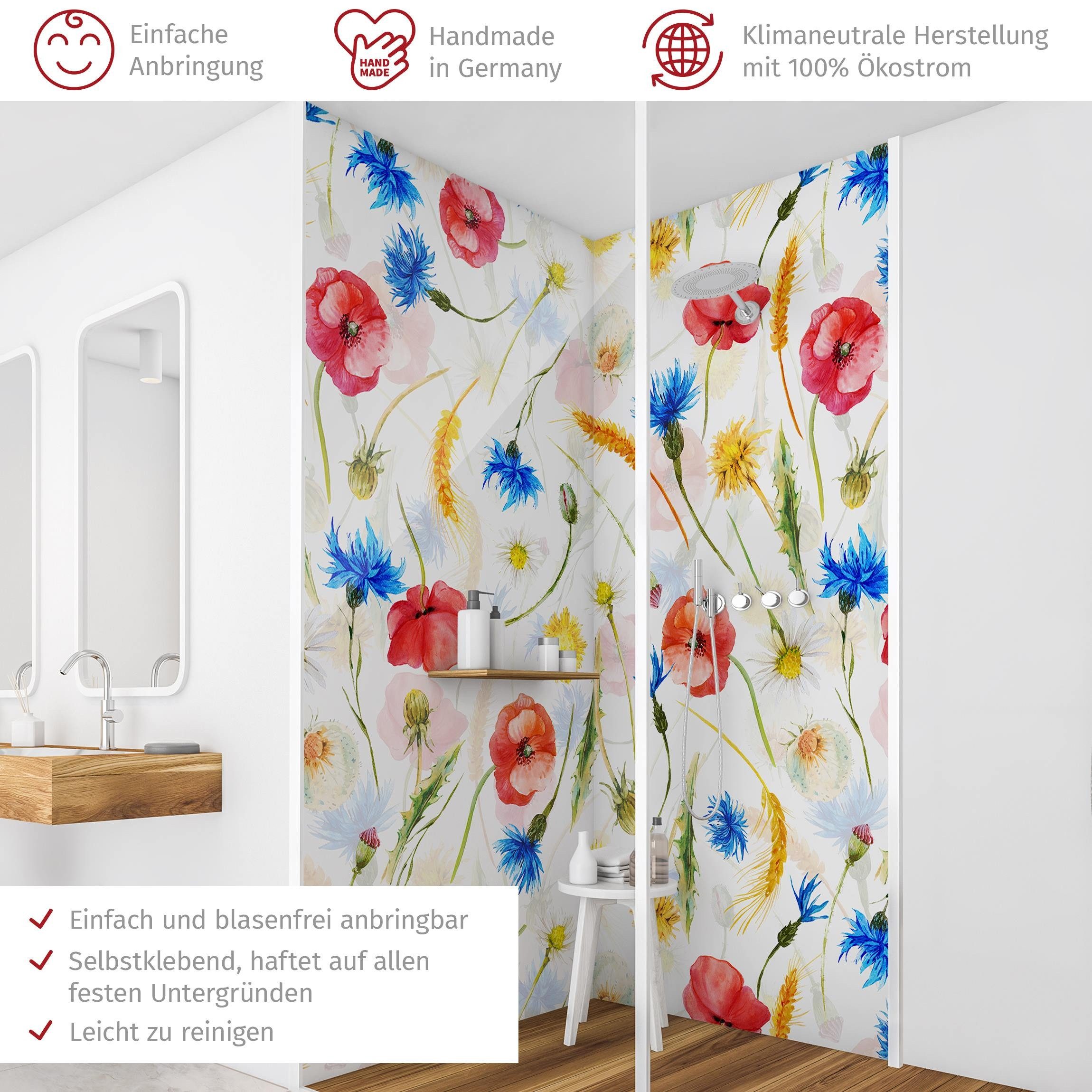 Thumbnail - Bilderdepot24 Badrückwand Blumen bunt Duschrückwand ohne Bohren Dusche Aquarell, (2-tlg., Hart-Folie Premium matt 0,61 m...