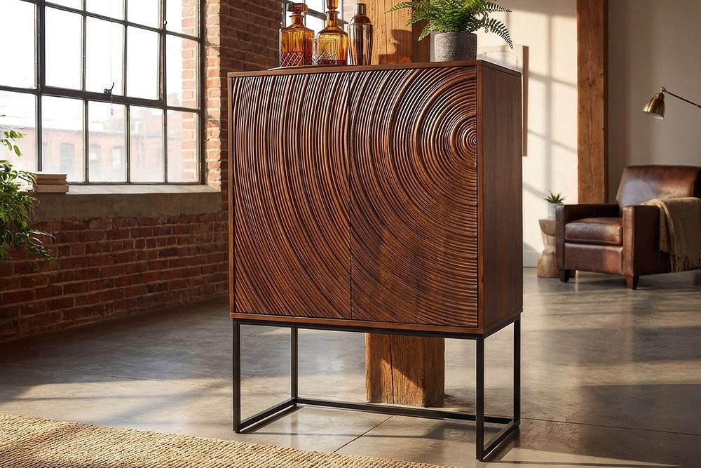 riess-ambiente Highboard ORBIT 120cm braun / schwarz – Mangoholz, 3D-Front, Metall, Stauraum (Einzelartikel, 1 St), Massivholz-Hochschrank mit Push-to-open – ideal für moderne Wohnräume