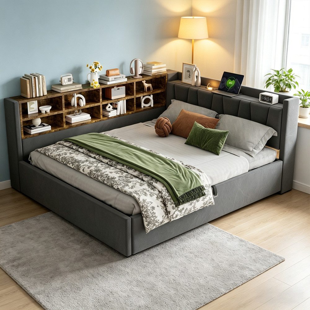 OKWISH Schlafsofa Kinderbett, mit hydraulischem Stauraum, Nachtlicht, USB- & Typ-C-Ladeanschluss und Ablagen, Polsterbett, Gepolstertes Samtsofa 140x200 cm, ohne Matratze