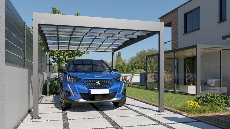 Trigano Einzelcarport Carport Libeccio Metall 16.60 m2 aus Aluminium, 2,10 cm  Einfahrtshöhe, robuste Konstruktion, Doppeldach