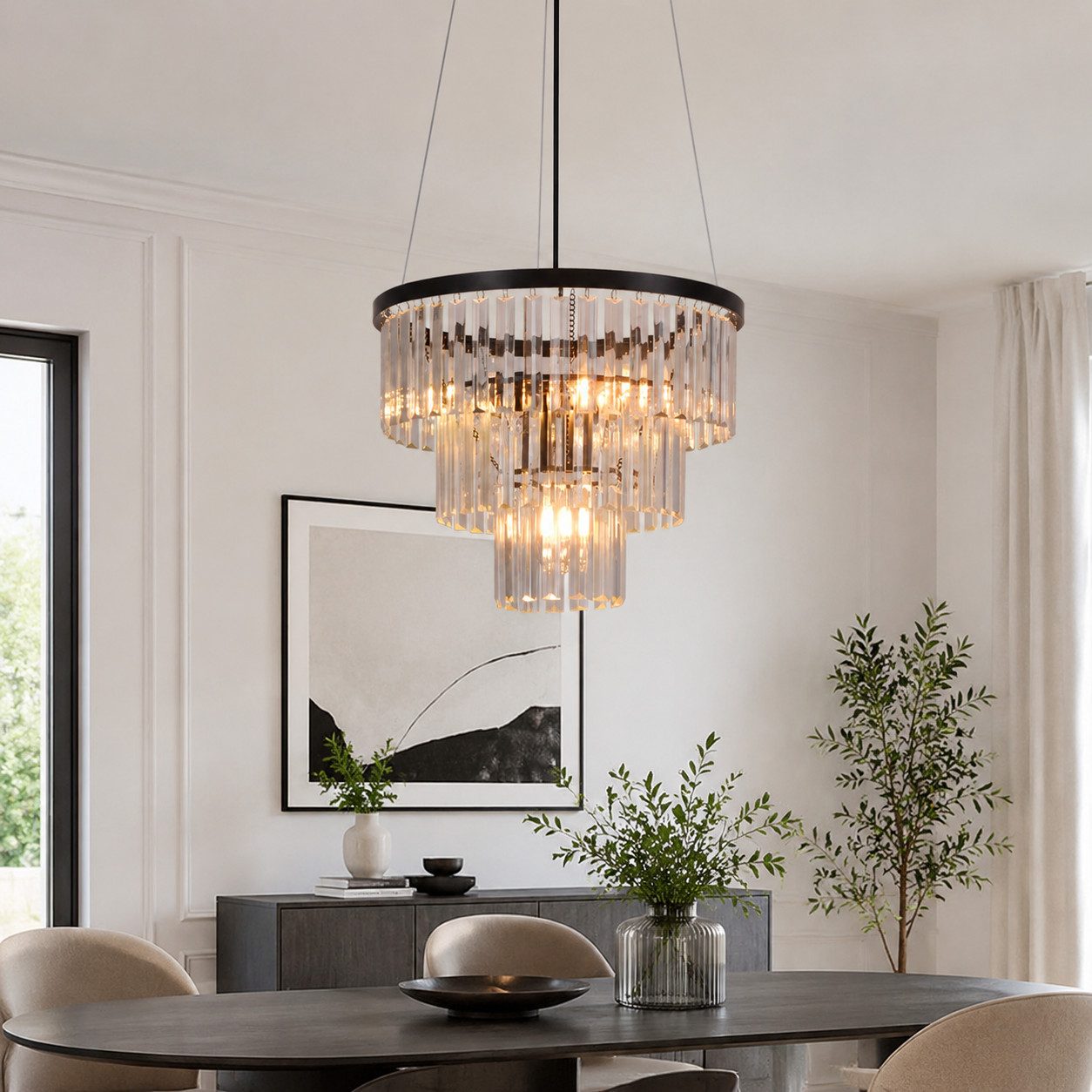 ZMH Pendelleuchte Kristall Ø 40 cm, E27 Hängeleuchte höhenverstellbar, Hochwertige Design, ohne Leuchtmittel, schwarze Hängelampe für Esstisch, Esszimmer und Wohnzimmer