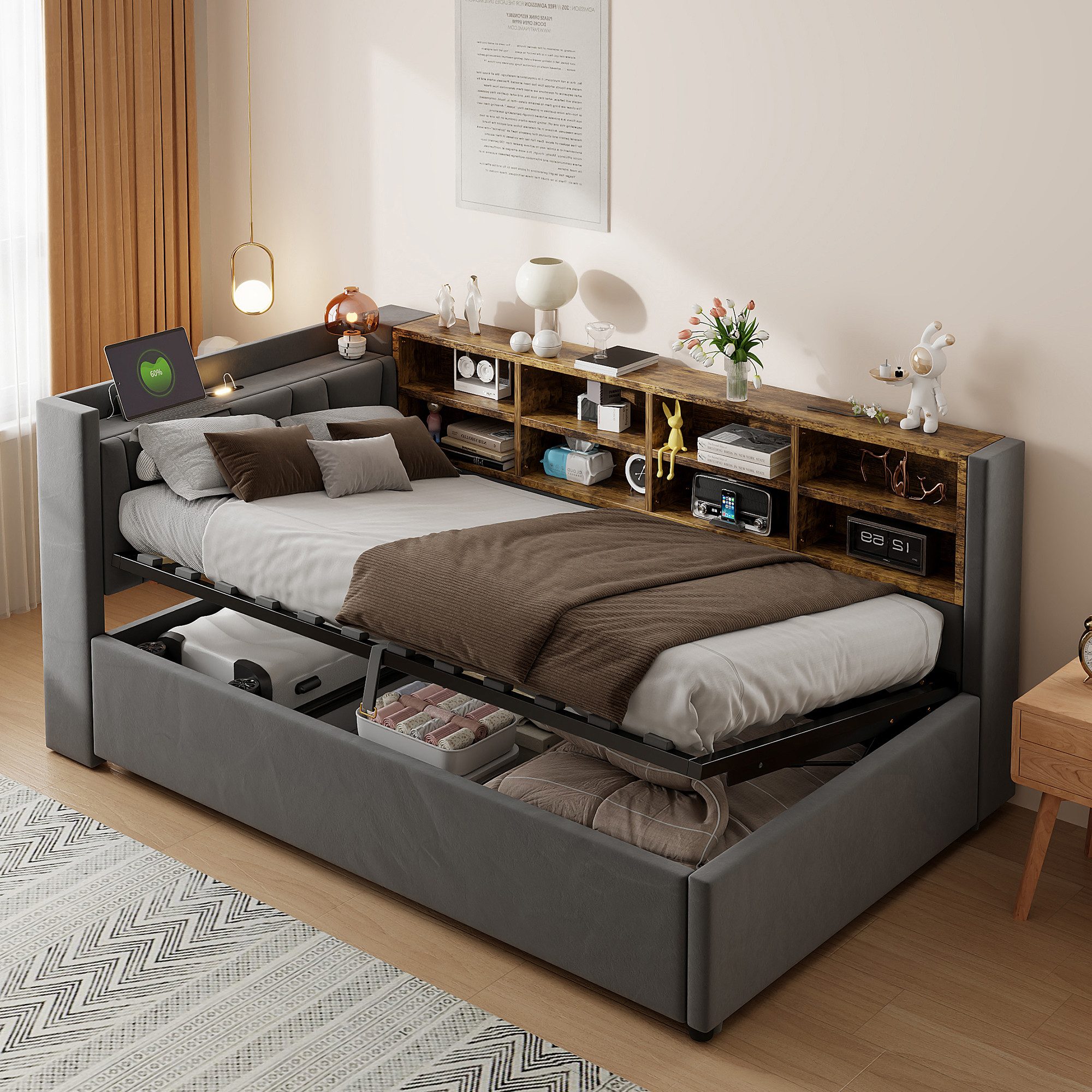 Celya Polsterbett Schlafsofa Mit Hydraulischem Stauraum,Nachtlicht,Ablagen,Staufächern (ohne Matratze, Mit USB- und Typ-C-Ladeanschluss, Gepolstertes Kopfteil), Multifunktionsbett, Samtstoff