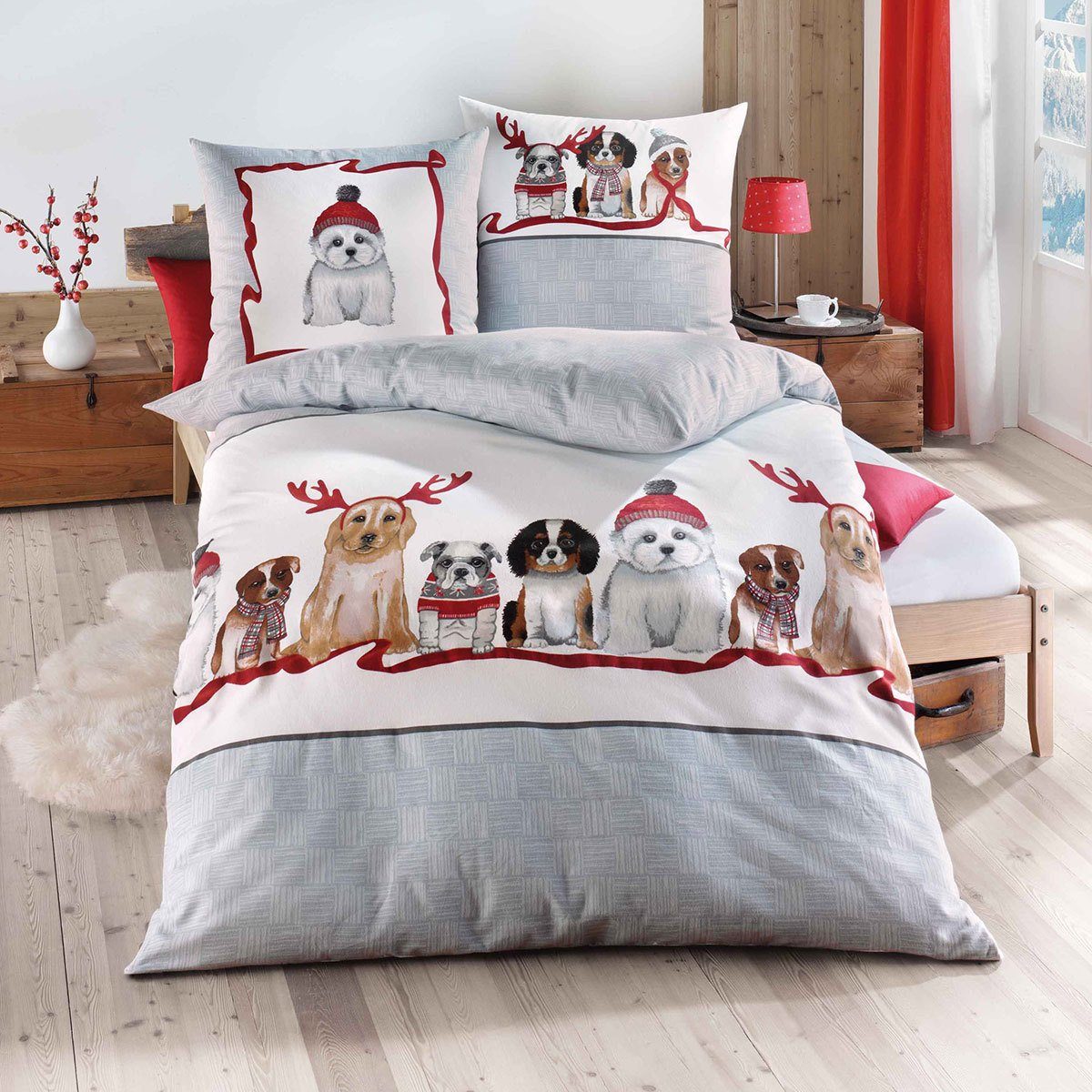 TRAUMSCHLAF Bettwäsche Dogs, Biber, 2 teilig, Weihnachtsbettwäsche mit Hund günstig online kaufen