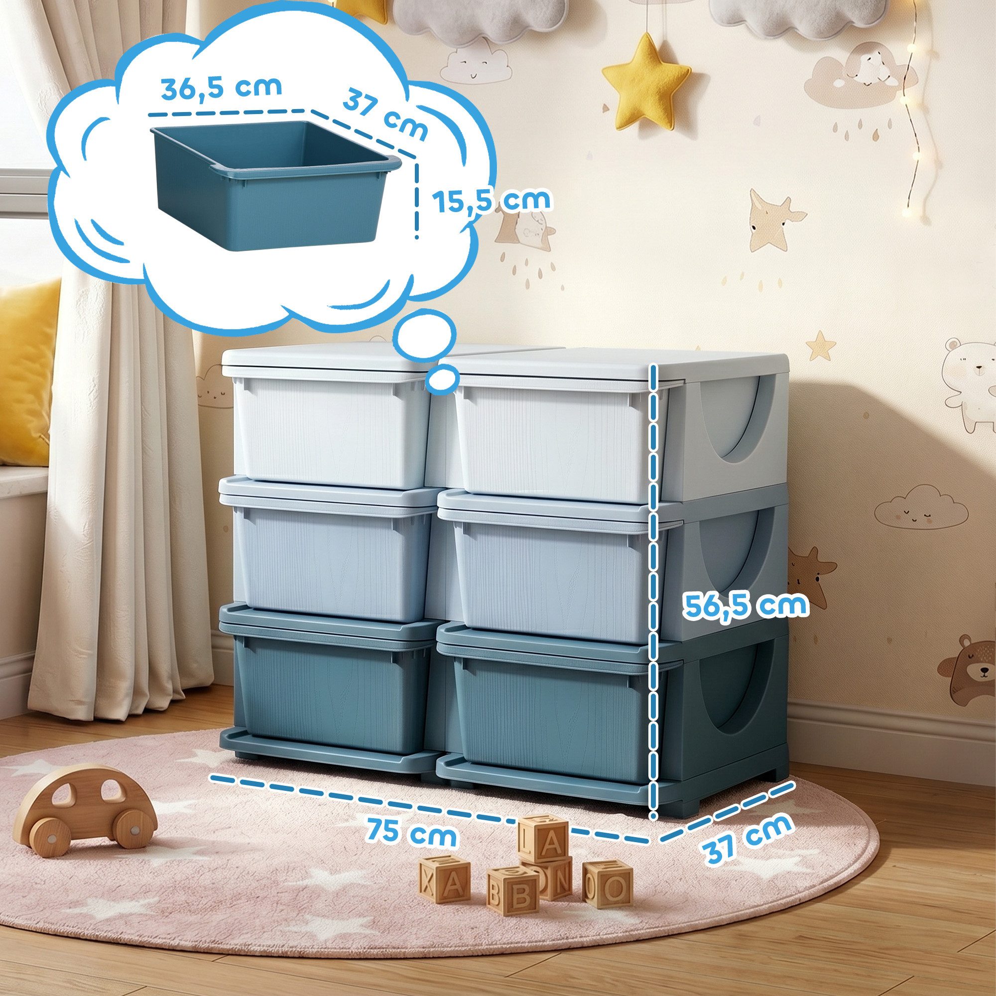 HOMCOM Spielzeugtruhe Schubladenschrank, Spielzeug-Organizer, sechs Ebenen, 3-6 Jahre (Spielzeugkiste, 1 St., Aufbewahrungsbox), für Kinderzimmer, Blau