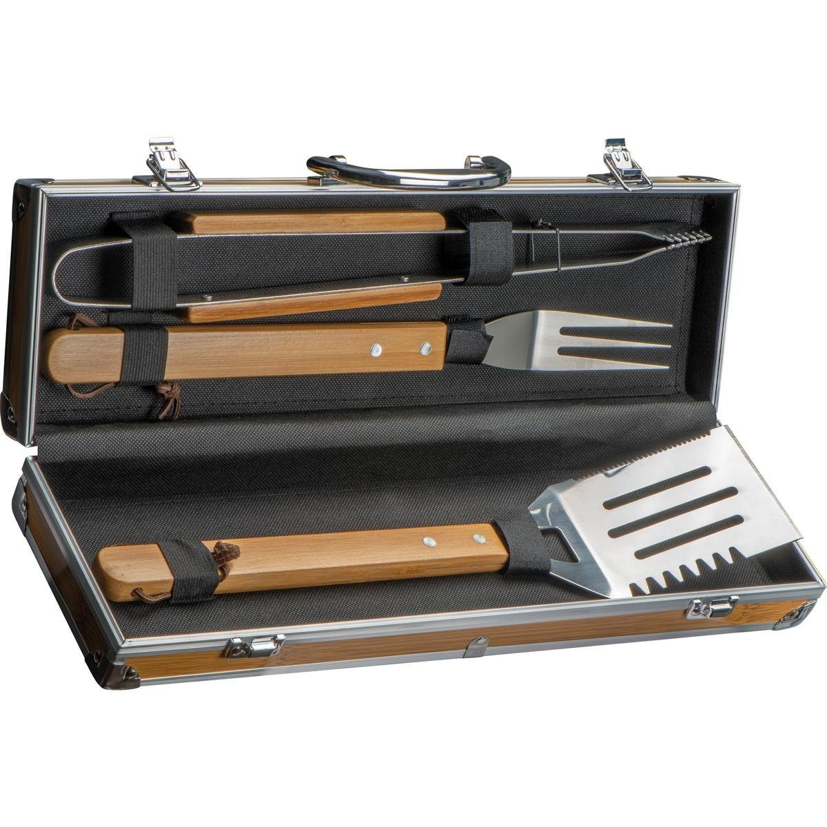 Macma Grillbesteck-Set Grillkoffer aus Metall mit Bambusapplikationen / 3 teiliges BBQ Bestec