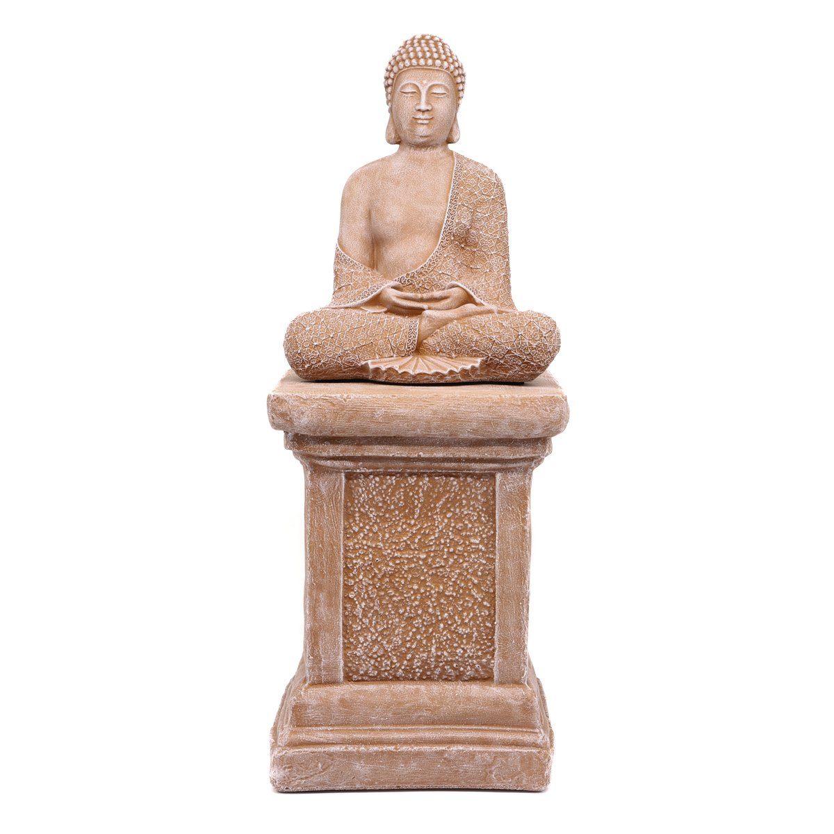 Stein - Buddhafigur frostsicher, Kunsthandwerk Figur winterfest, Buddha mit Tiefes terrakotta Statue, Made Säule in aus Germany