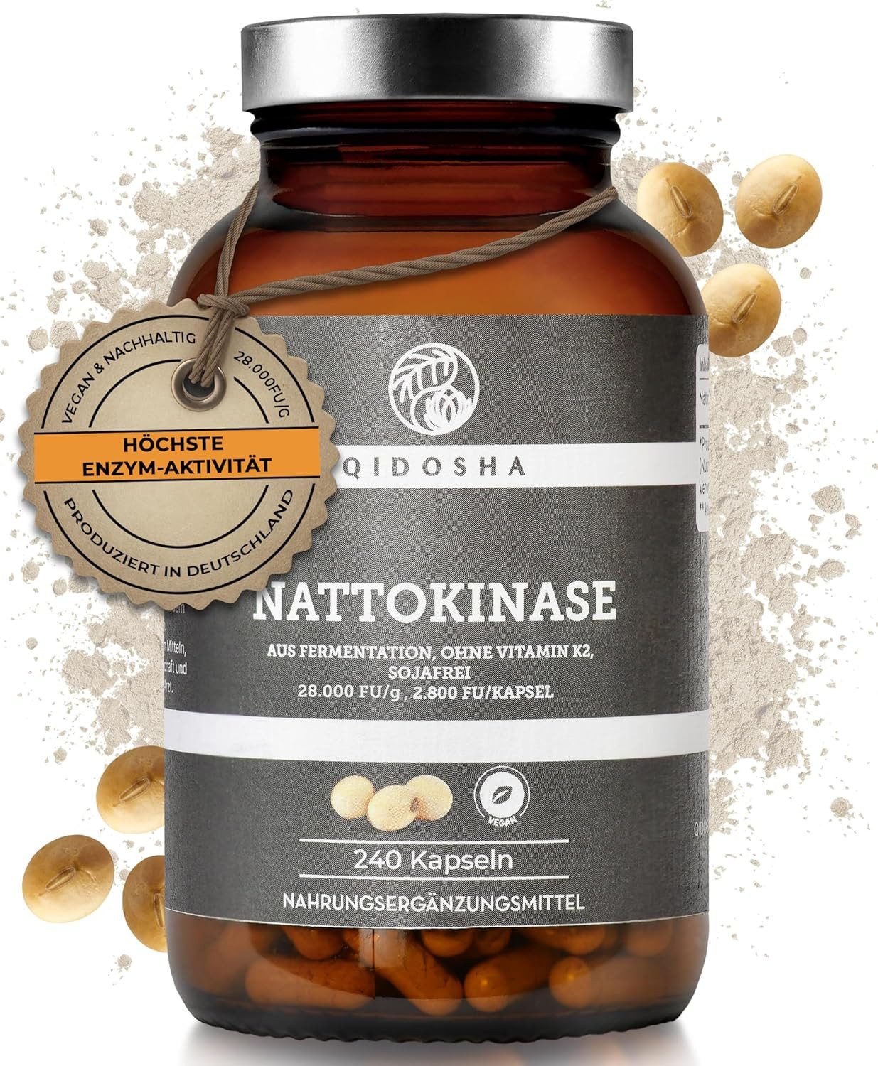 QIDOSHA Nattokinase Kapseln, hochdosiert, höchste Enzymaktivität mit 28000 FU/g, 240 Kapseln im Glas, vegan, ohne Vitamin K2, Endprodukt sojafrei à 240 St., 45.6 g