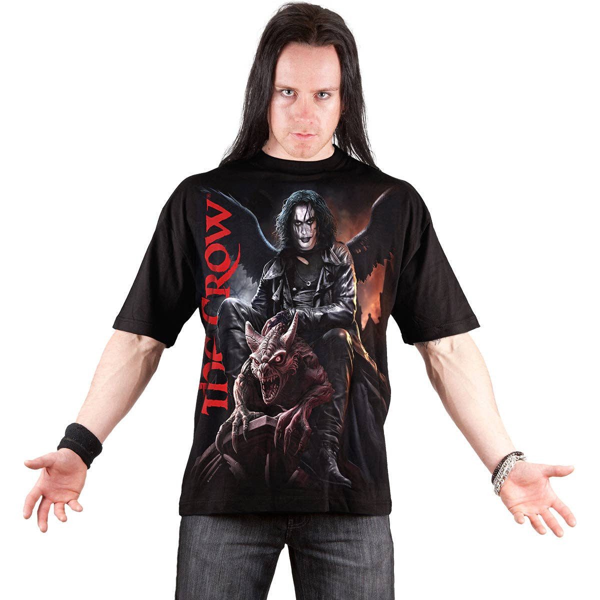 Spiral Print-Shirt THE CROW - GARGOYLE - T-Shirt mit Frontdruck schwarz Gothic Shirt Anime aus Baumwolle mit Print