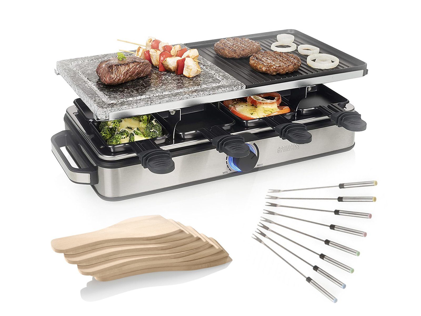 PRINCESS Raclette, 8 Raclettepfännchen, 5in1 Tischgrill-Gerät für 2-8 Personen, Raclet-Grill mit Steinplatte