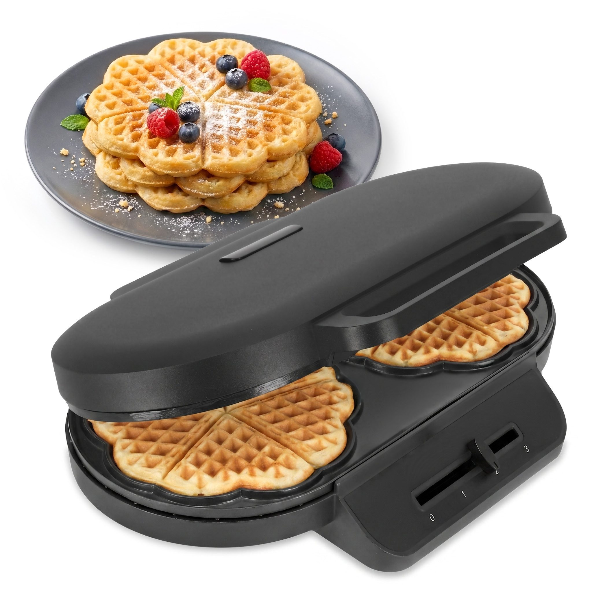 ADE Waffeleisen Doppel-Waffeleisen für 2 Herzwaffeln gleichzeitig, 1200 W, Antihaftbeschichtung, stufenloser Temperaturregler