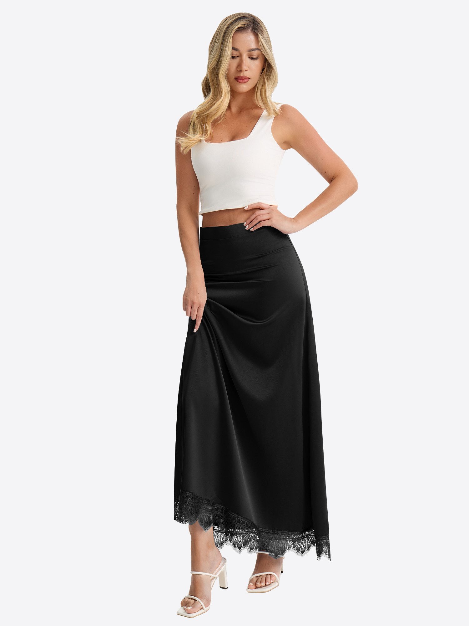 Imily Bela Maxirock Damen Maxirock aus Satin mit Spitzenrand (Packung, 1-tlg., 1per-Pack) mit Spitzen