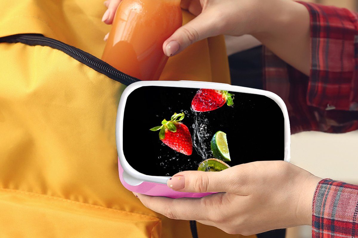 Lunchbox Erdbeere rosa - MuchoWow - Erwachsene, Kunststoff Wasser Brotdose - Mädchen, Snackbox, Brotbox Kiwi, - Kinder, Kunststoff, (2-tlg), für Stillleben Schwarz Obst