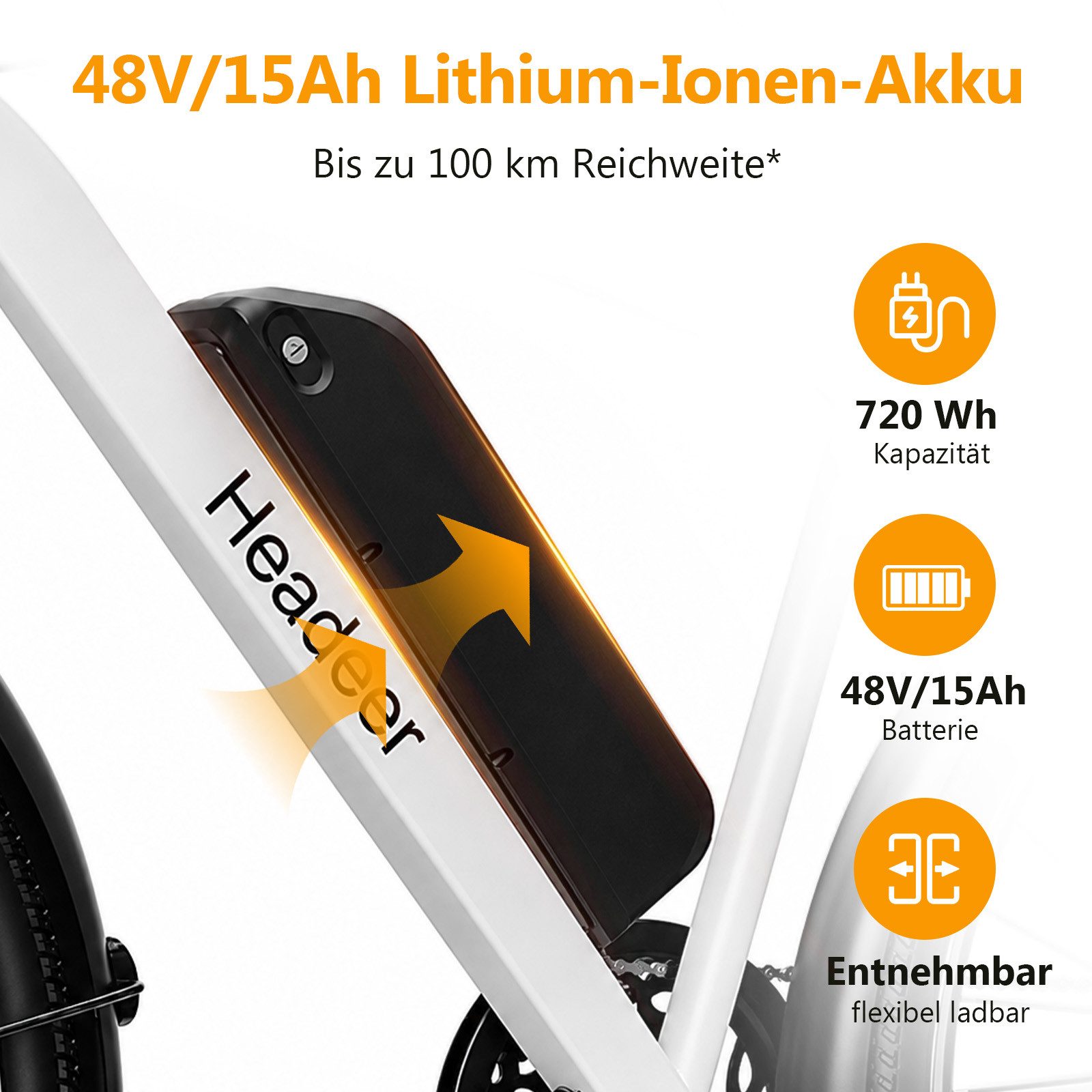 Vankel E-Bike Mountainbike BK1350 26 Zoll mit 48 V/15 Ah Akku, App und 25 km/h, Kettenschaltung, Heckmotor, 720 Wh, Für Alltag und Touren mit Federgabel, Display und Scheibenbremsen