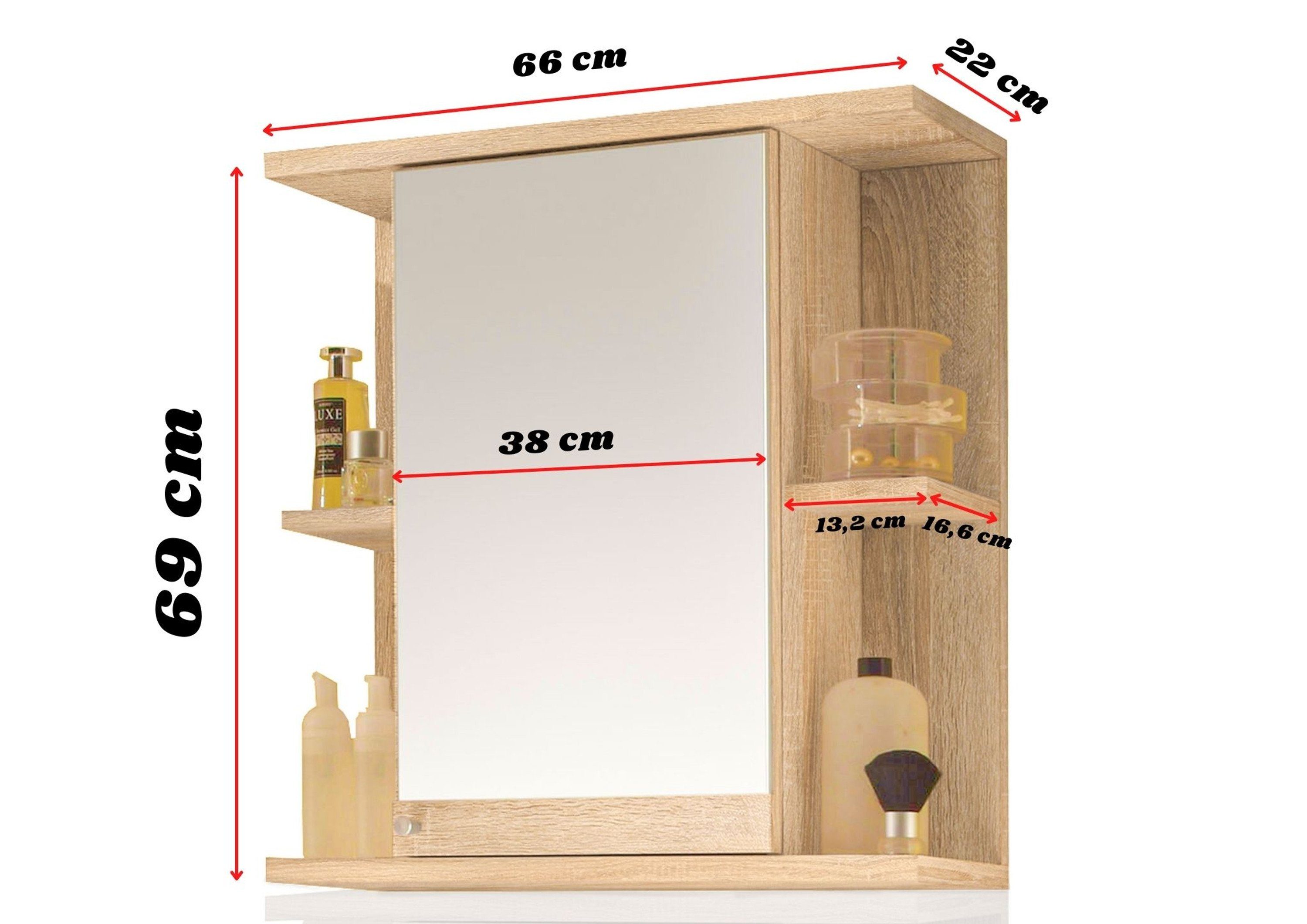 Aileenstore Spiegelschrank Mykonos Breite 66 cm, vier offene Ablagefächer, große Spiegeltür, modern