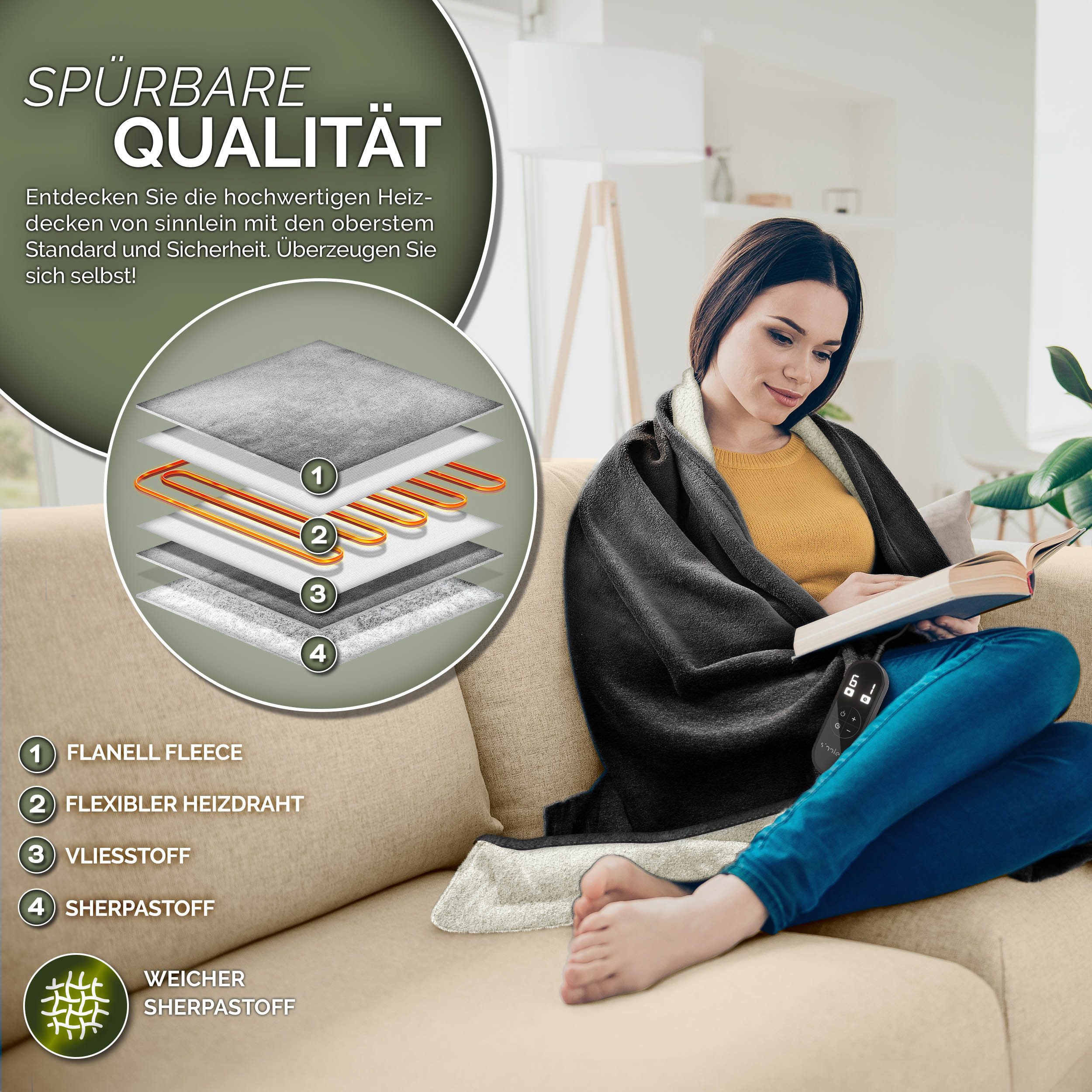 sinnlein Heizdecke mit Abschaltautomatik Elektrische Wärmedecke, mit 9 Temperaturstufen Kuscheldecke Bett, Sofa, Decke elektrisch mit Timer Digitalanzeige, 9 Temperaturstufen