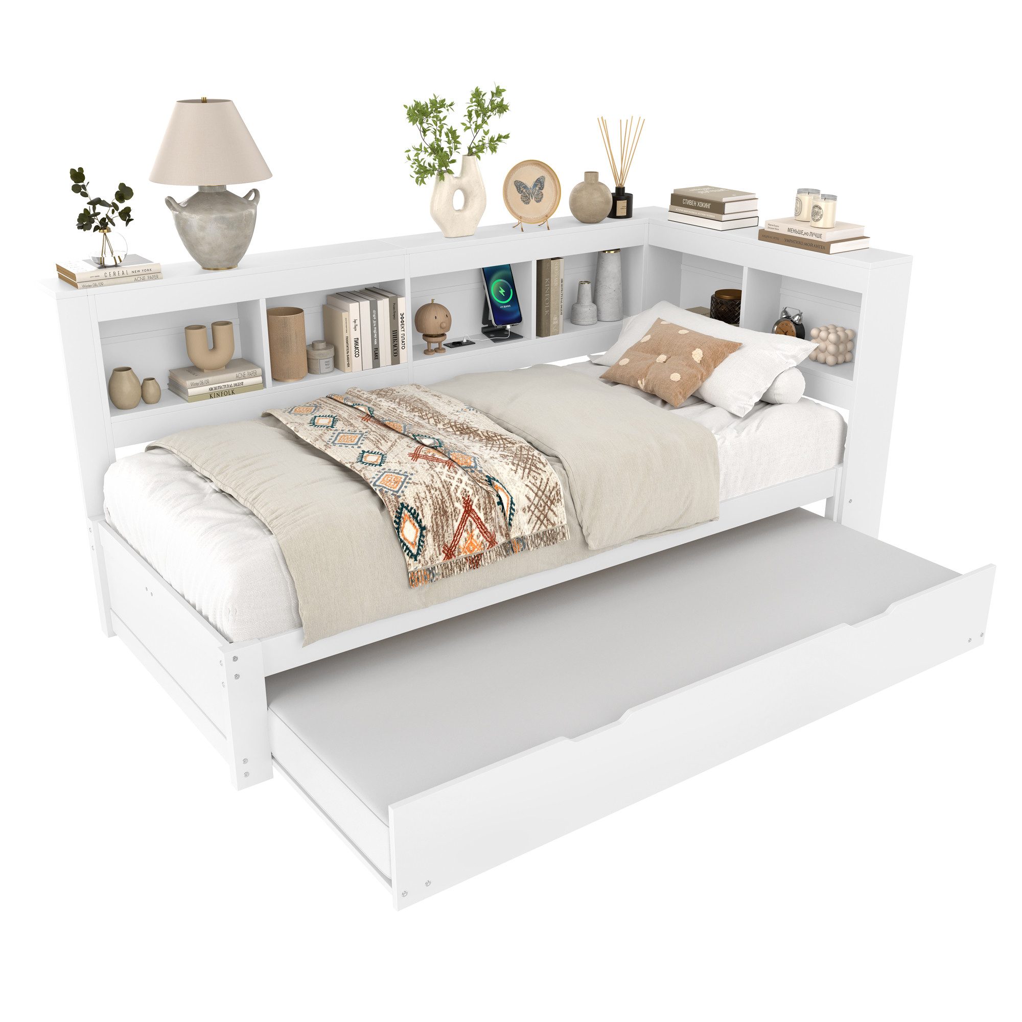 SOFTWEARY Jugendbett mit Lattenrost und Regal (Gästebett, USB Anschlüssen u günstig online kaufen