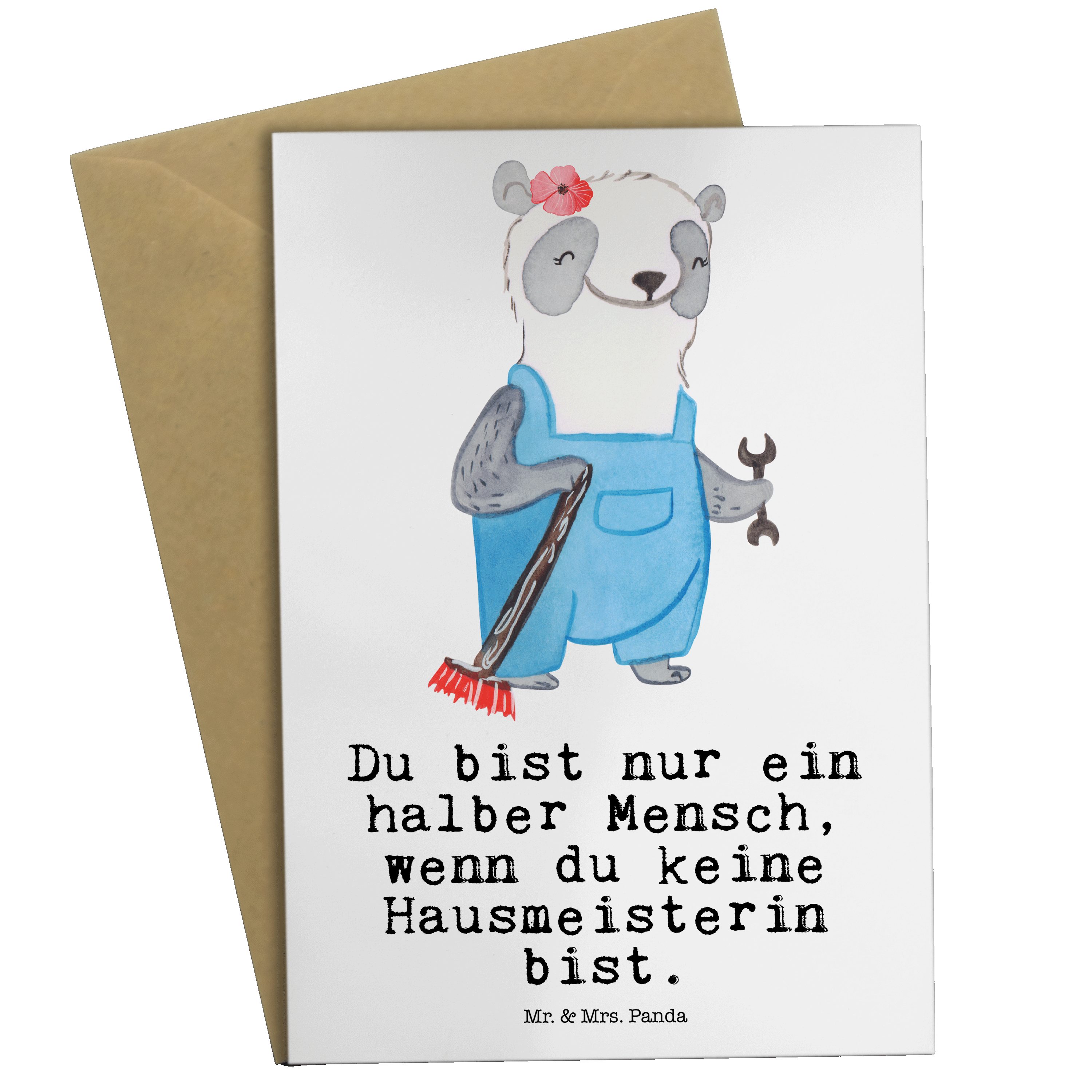 Mr. & Mrs. Panda Grußkarte Hausmeisterin mit Herz - Weiß - Geschenk, Hochzeitskarte, Geburtstags