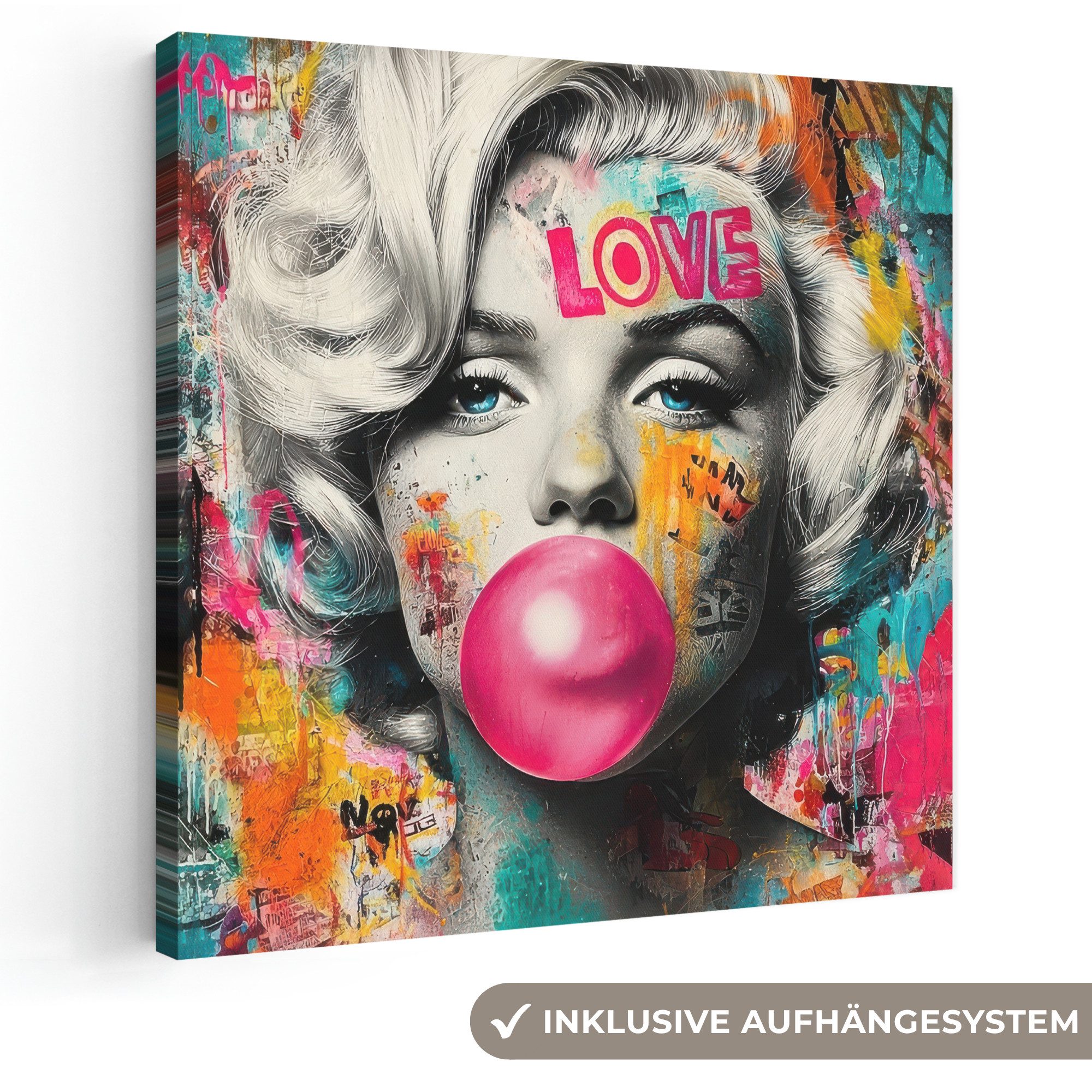 OneMillionCanvasses® Leinwandbild Frau - Kaugummi - Graffiti - Neonfarben, Fotodruck (1 St), Wandbild, Deko Schlafzimmer Wohnzimmer Flur 20x20 cm