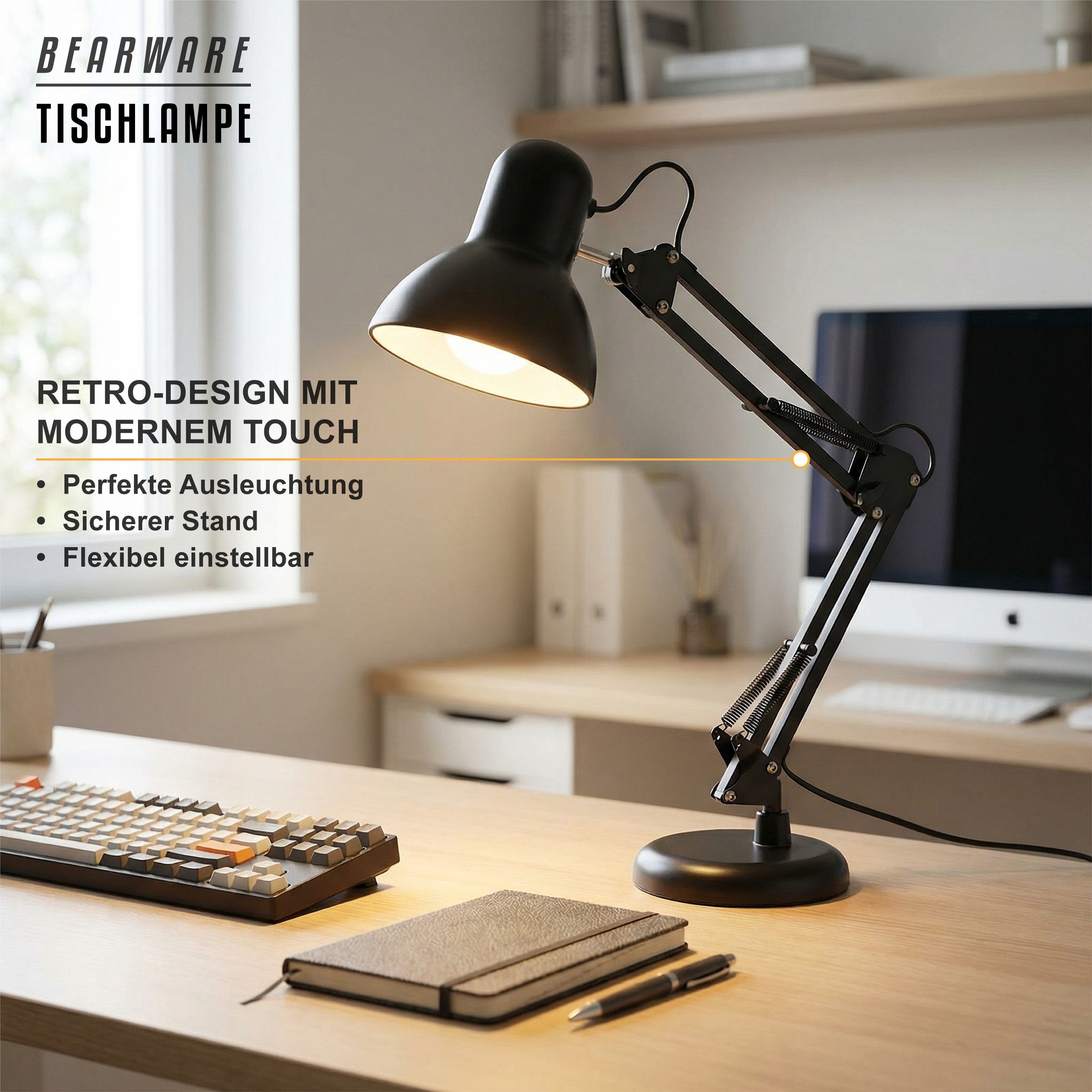 BEARWARE Schreibtischlampe Retro Stil, Bürölampe, Leselampe, Vintage Tischleuchte, Kabelschalter, Ein-/Ausschalter, ohne Leuchtmittel, warmweiß, neutralweiß, tageslichtweiß, Industrie Look, E27, flexibler Gelenkarm, für Büro, Wohnzimmer uvm.