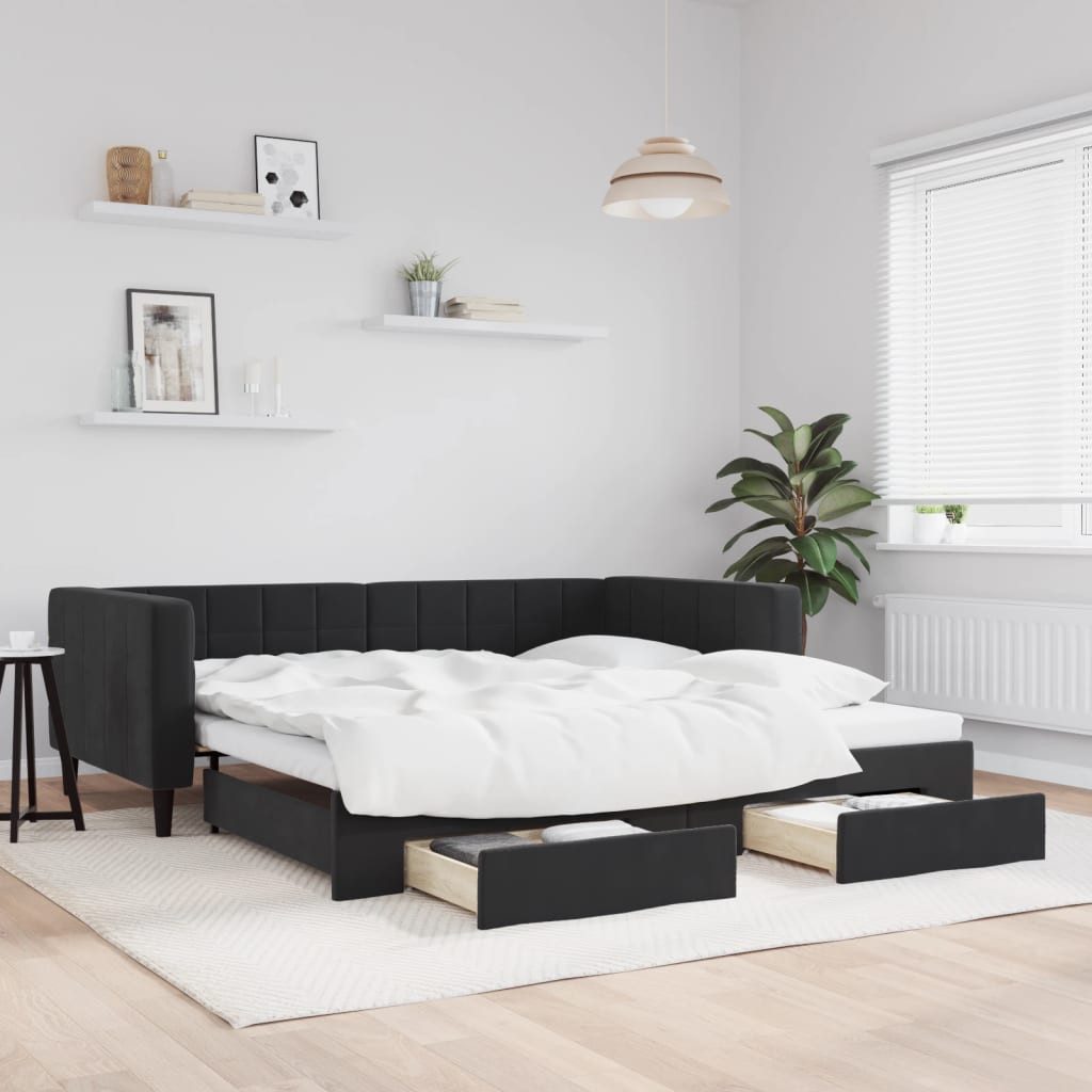 vidaXL Ausziehbett, Tagesbett Ausziehbar mit Schubladen Schwarz 100x200 cm Samt