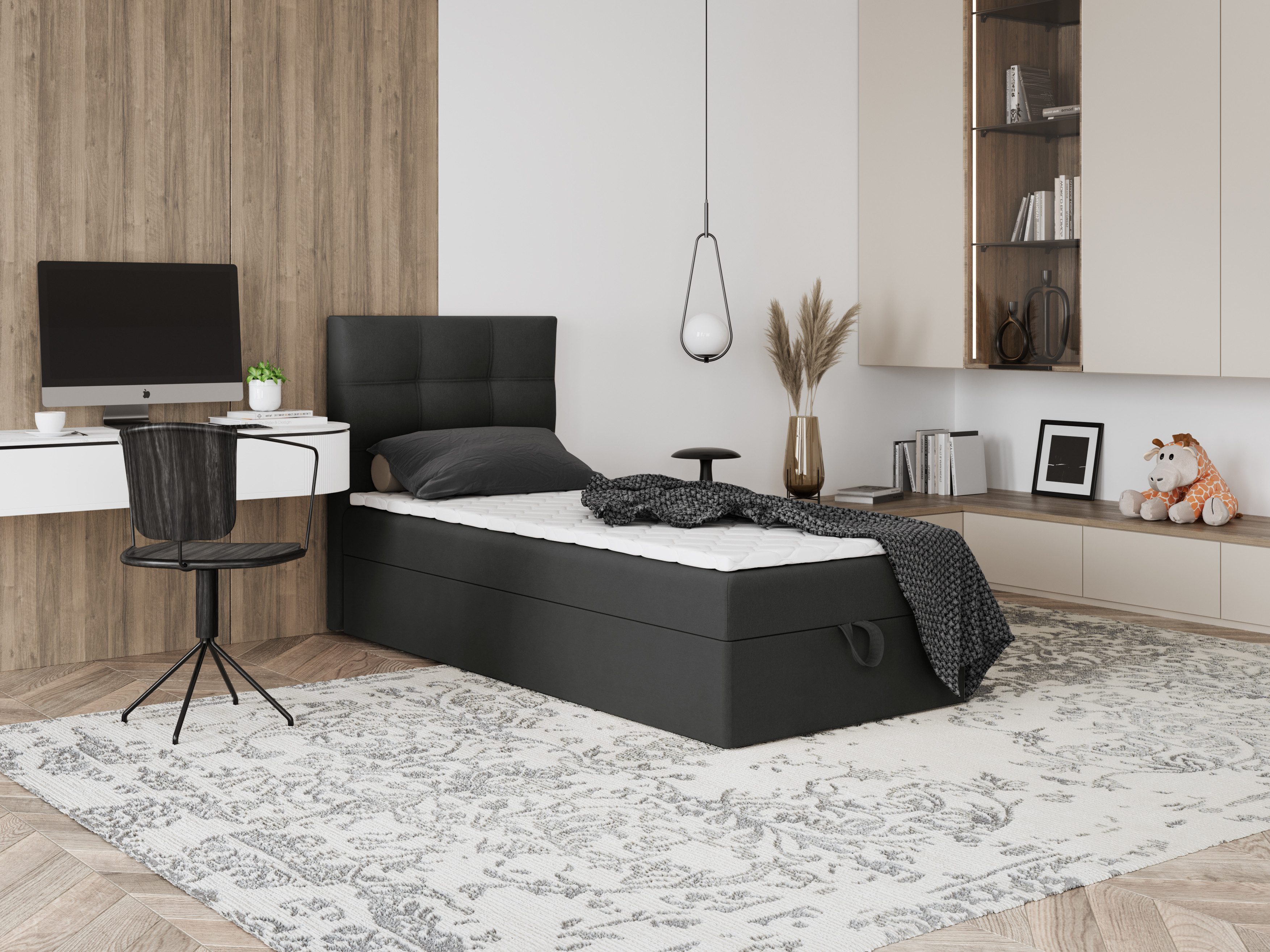 Godre Boxspringbett mit Bettkasten EWORA MINI 90x200 cm - Taschenfederkern Matratze (Bett + Matratze + Topper), Bett mit einem Kasten