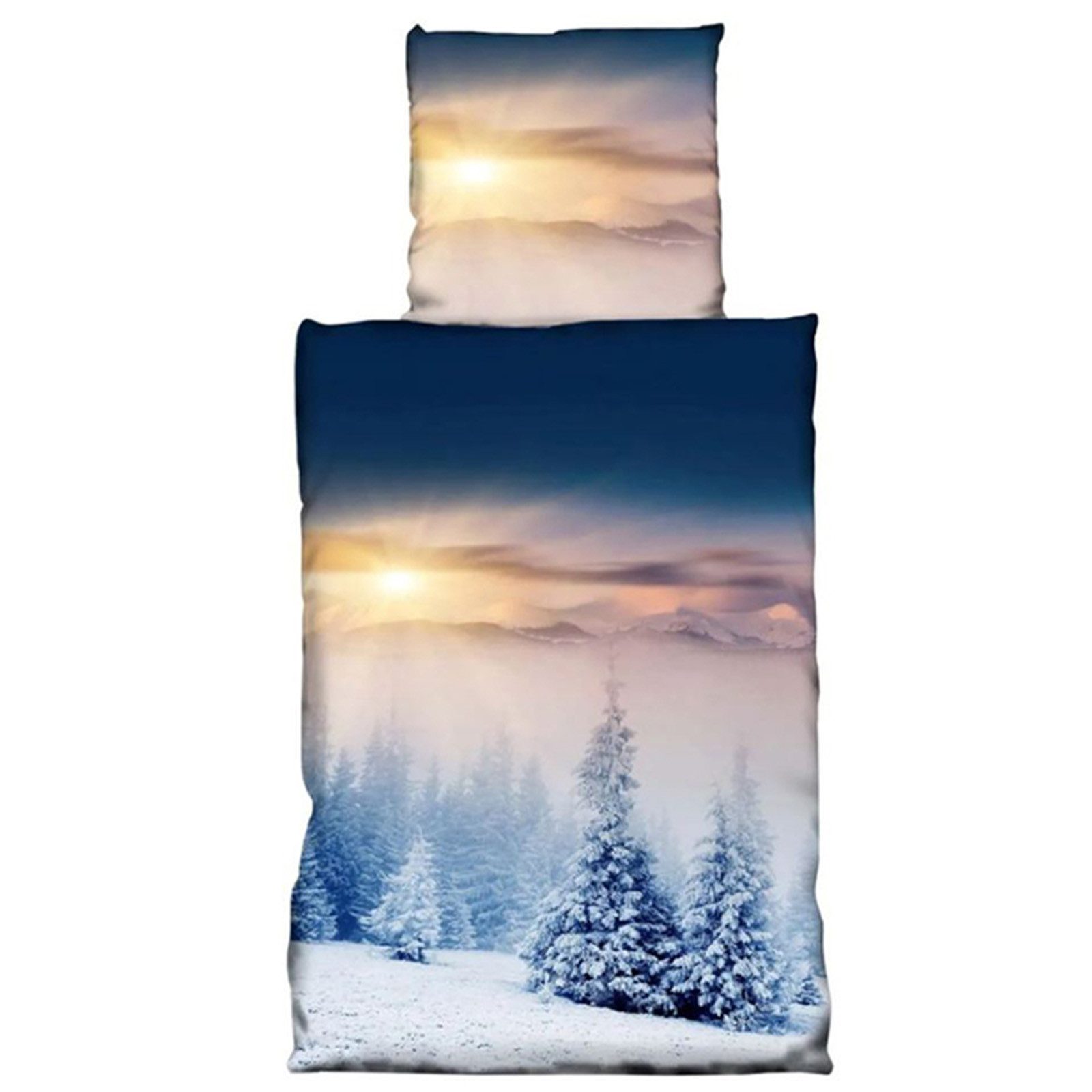 Visaggio Bettwäsche Winter Fleece Bettbezug flauschig warm, Fleece, 2 teilig, Thermofleece kuschelig weich, Winterlandschaft