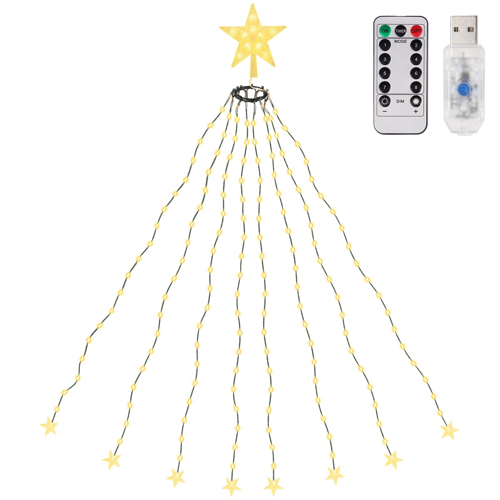Salcar LED-Lichterkette LED Lichterkette Weihnachtsbaumspitze Stern Weihnachtsbaum Dekoration, 9 Beleuchtungsmodi und Fernbedienung, 8 Girlanden, 1,5m