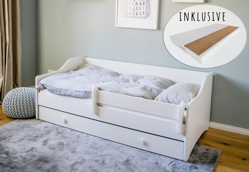 Kids Collective Kinderbett »Jugendbett 80×160 cm mit Matratze, Schublade & Rausfallschutz«, mit Matratze, punktelastisch und mit Kokos-Naturfaser