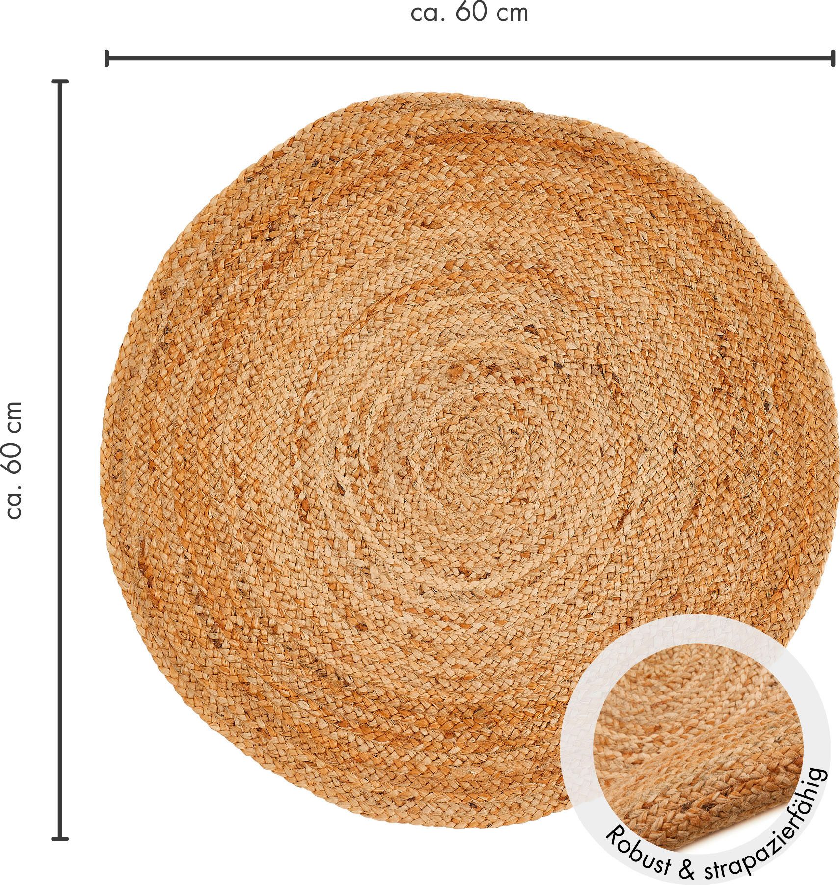 LUXOR living Teppich Mamda 2, Juteteppich, rund, Höhe: 4 mm, Flachgewebe, handgeflochten, Flecht Design, Naturfaser, Boho-Style. Reduzierter Preis € 14,58. Unverbindliche Preisempfehlung € 24,99