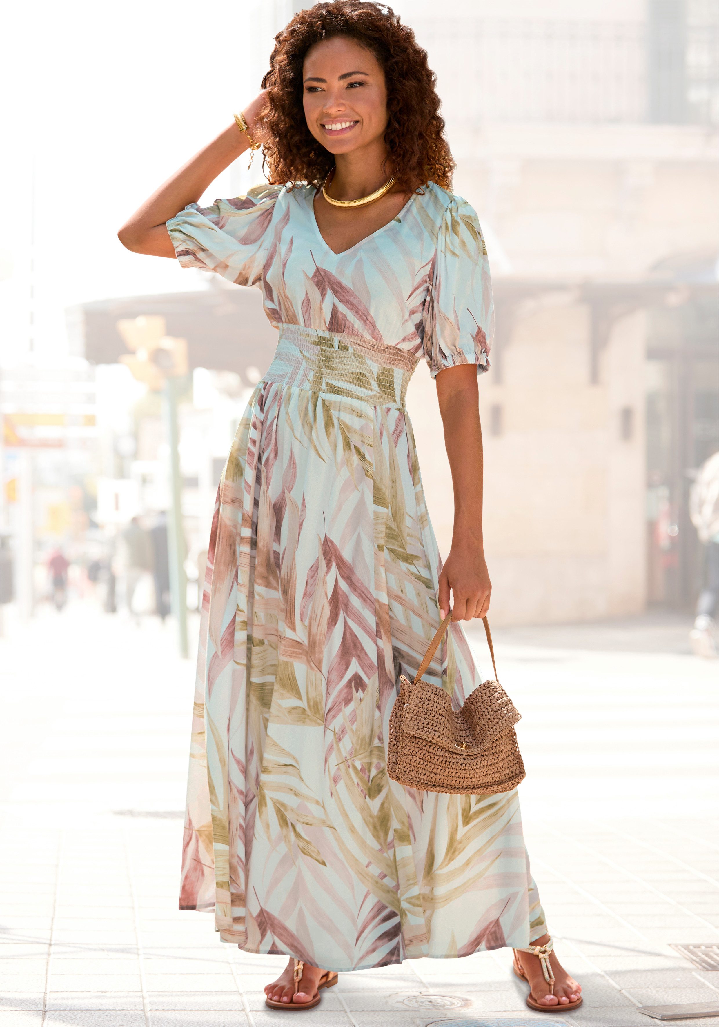 LASCANA Maxikleid mit Alloverdruck und V-Ausschnitt aus Webware Sommerkleid mit Puffärmeln, Elegantes Webkleid, Strandkleid