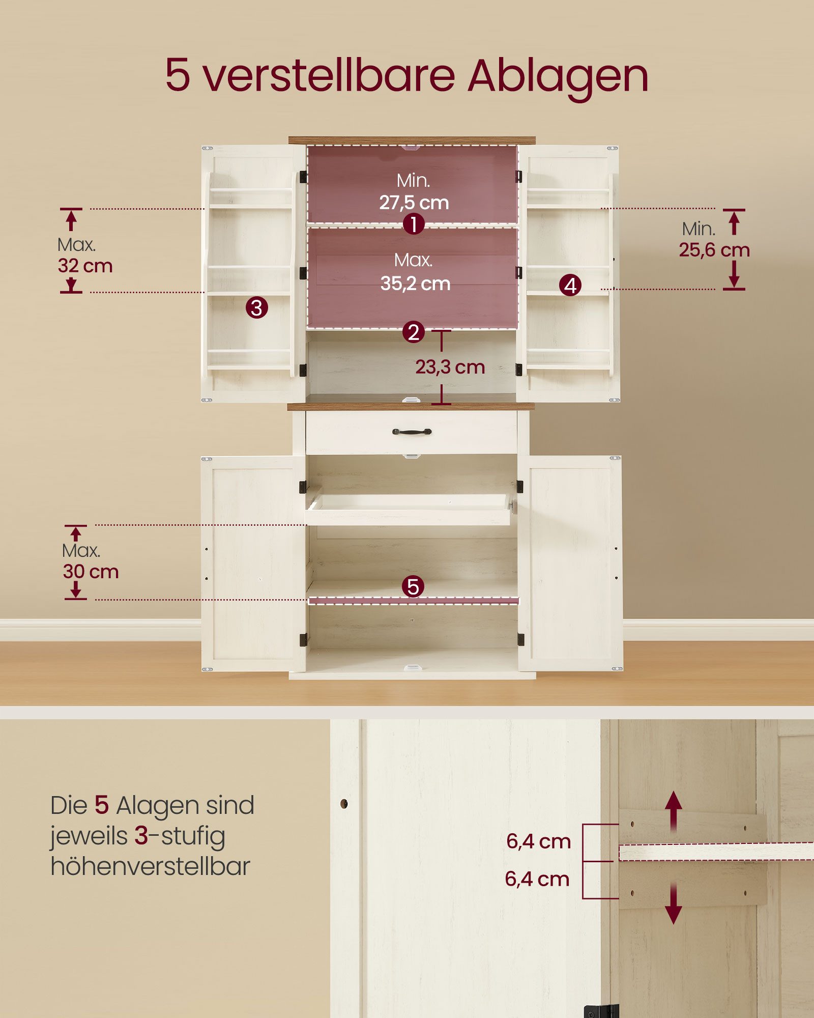 VASAGLE Buffet Küchenschrank Mehrzweckschrank, 4 verstellbare Ablagen 39,5 x 80 x 178,6 cm, für Wohnzimmer Küche, freistehend, Schrank – Bild 3 von 5