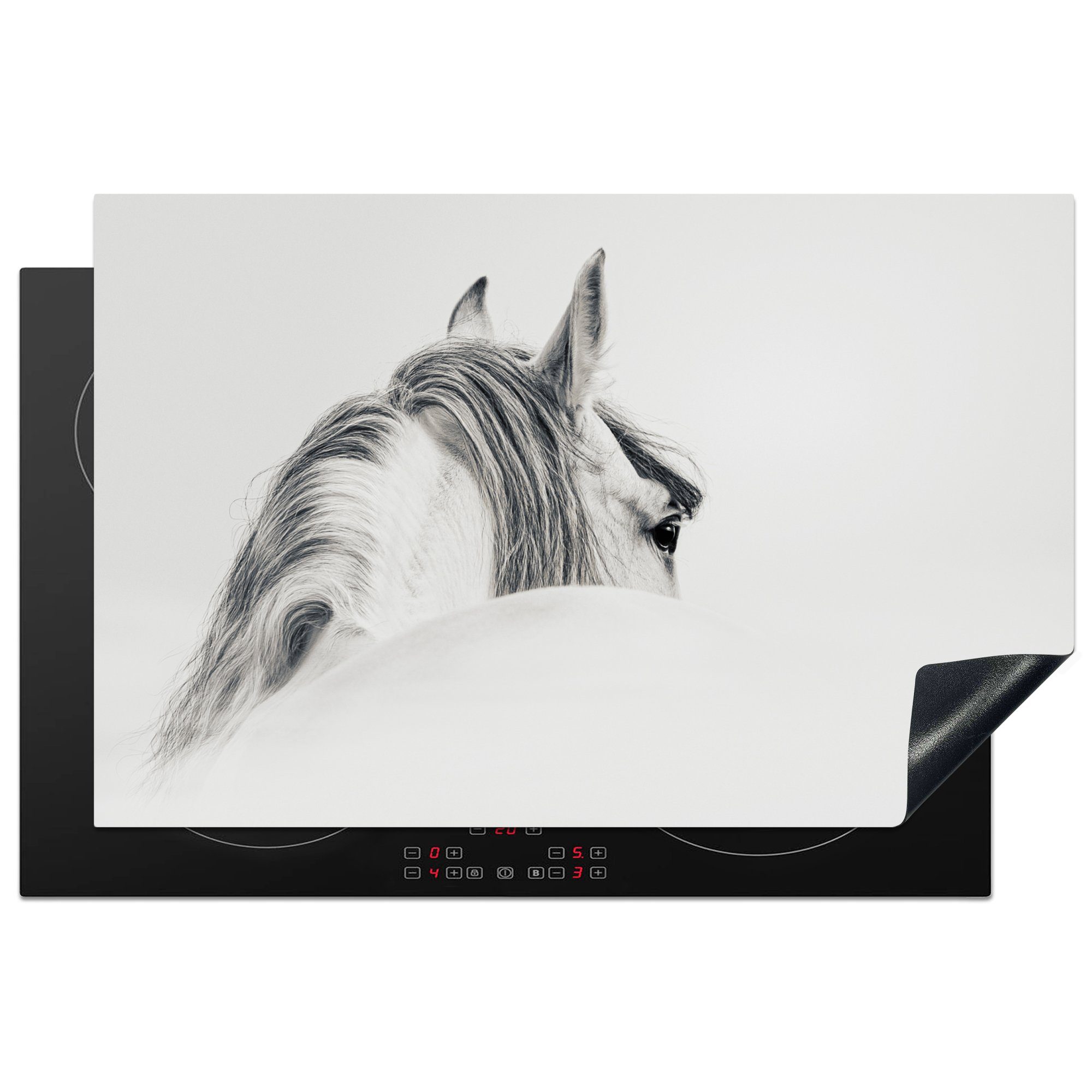 MuchoWow Herdblende-/Abdeckplatte Pferd - Weiß - Grau, Vinyl, (1 tlg), 81x52 cm, Induktionskochfeld Schutz für die küche, Ceranfeldabdeckung
