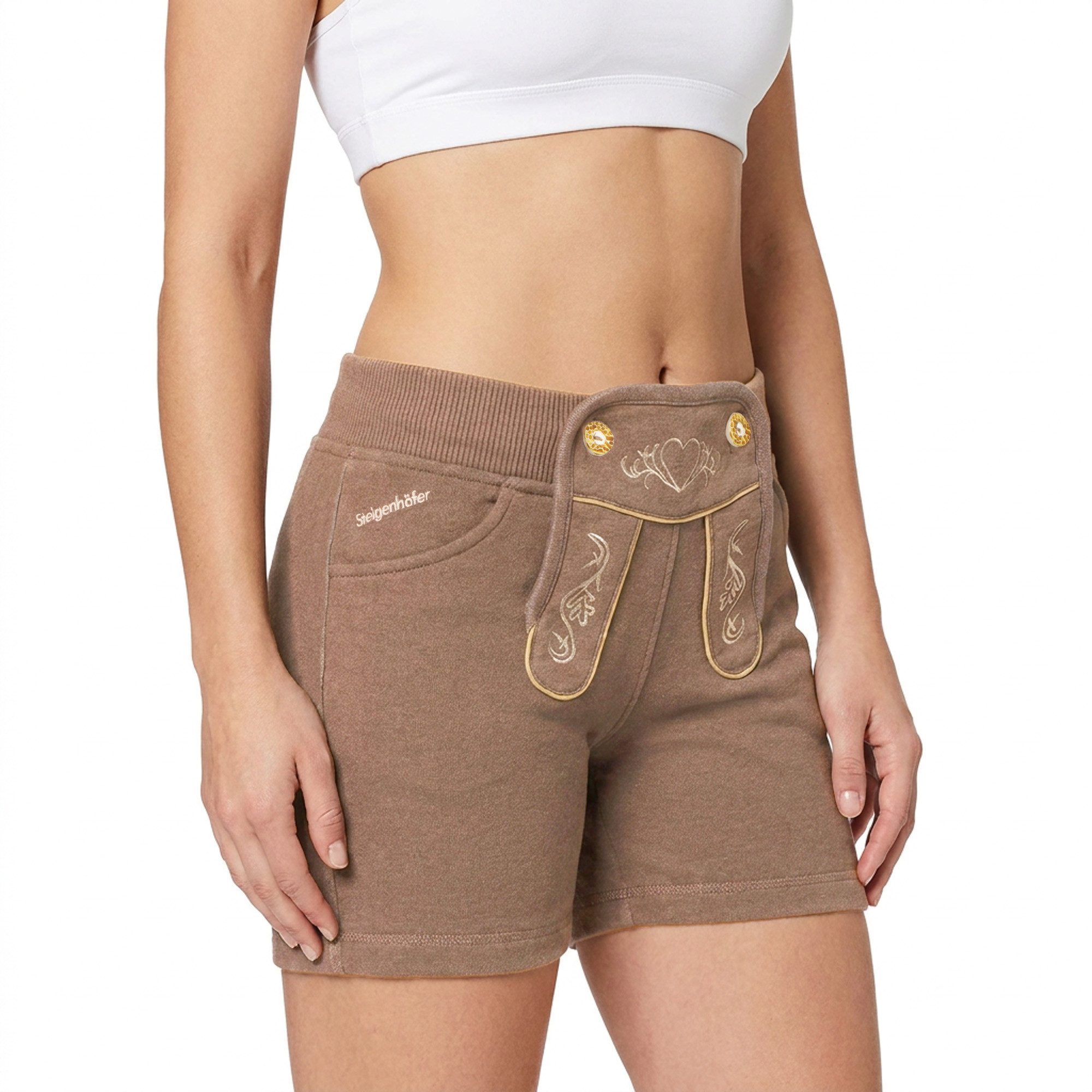 Steigenhöfer Manufaktur Lederhose Damen Lookalike - Kurze Jogginghose mit Kordelzug im Lederhosen Look Hotpants Jogging Damen Shorts Tracht - Oktoberfest Damen Outfit