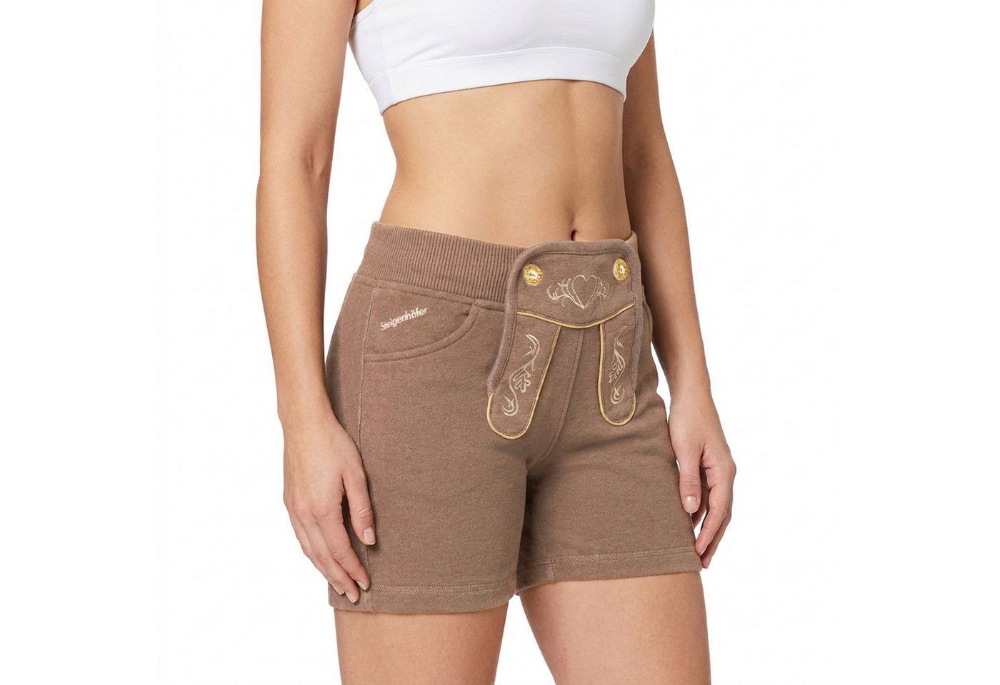 Steigenhöfer Manufaktur Lederhose Damen Lookalike - Kurze Jogginghose mit Kordelzug im Lederhosen Look Hotpants Jogging Damen Shorts Tracht - Oktoberfest Damen Outfit