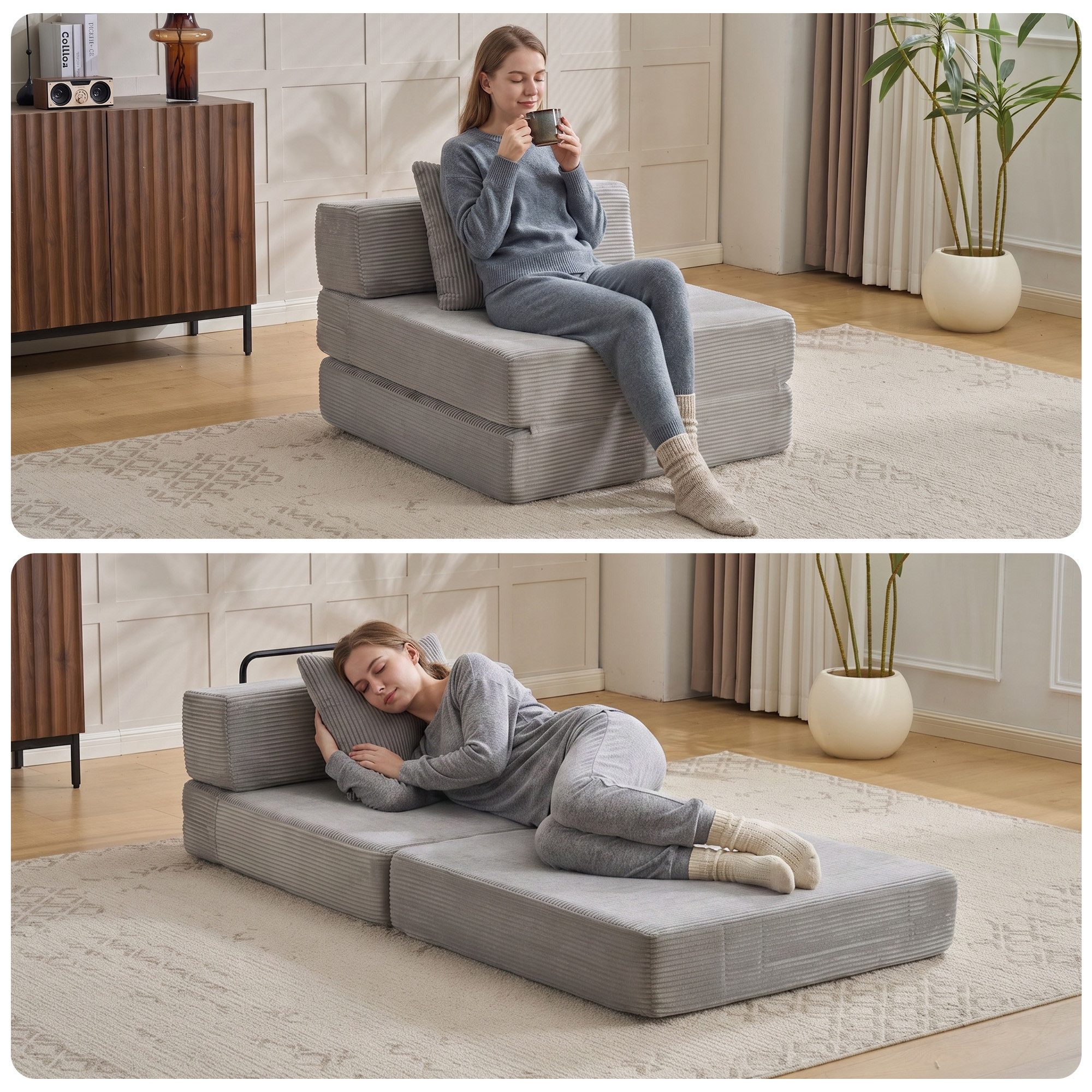 Vankel Loungebett Sofas Wohnzimmer, Sessel mit Schlaffunktion aus Cord faltbar, 1-Sitzer Schlafsessel, platzsparend, bequem und ohne Montage